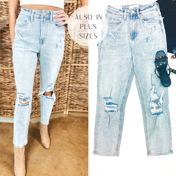 two images side by side showing a pair of medium wash distressed jeans. The left image shows a model from the waist down wearing the jeans with tan ankle boots. The right image is a flat lay photo of the jeans with a pair of black heeled sandals lying over top. The text "also in plus sizes" is written in the top center of the image.
