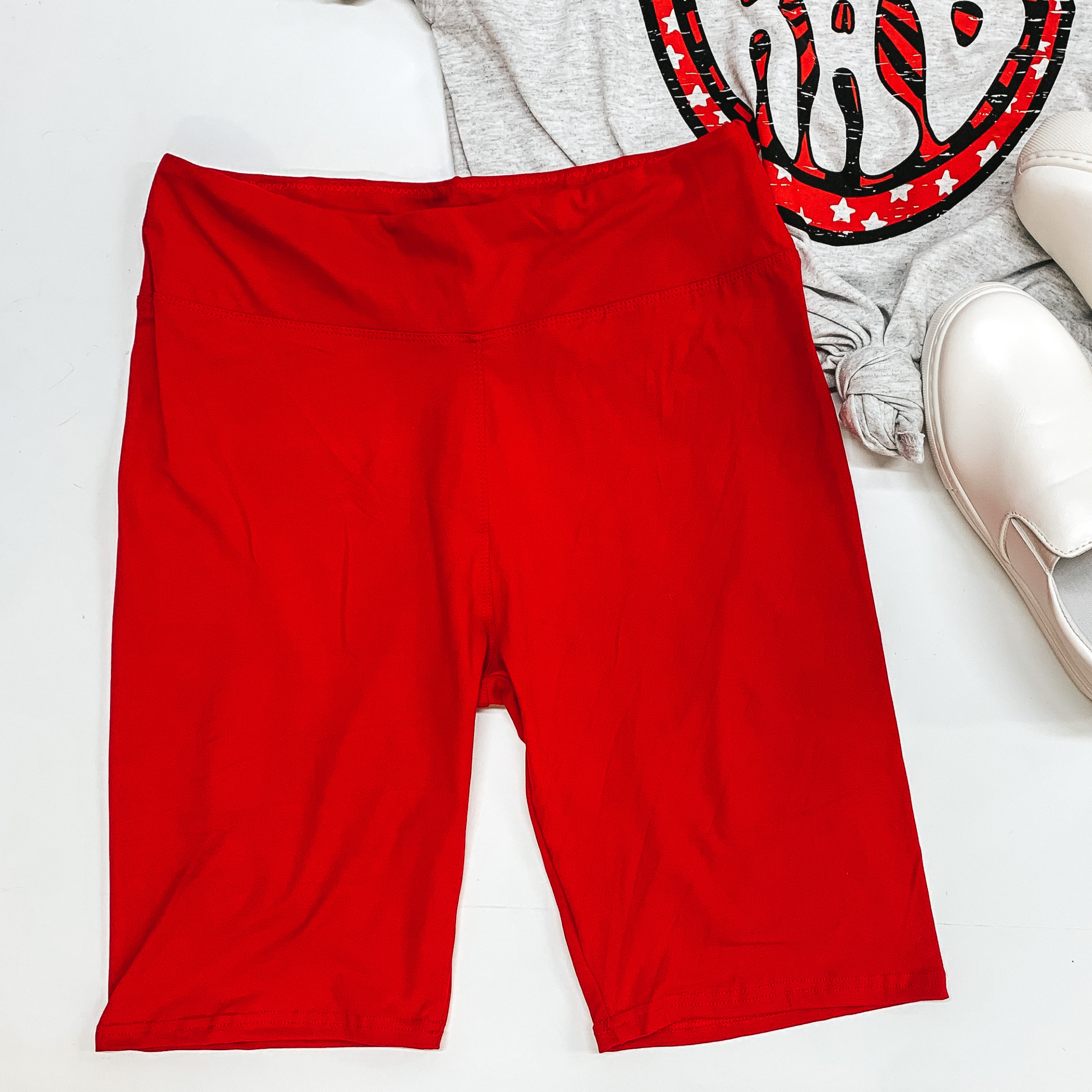 Finish Strong High Waist Biker Shorts in Red - Giddy Up Glamour Boutique