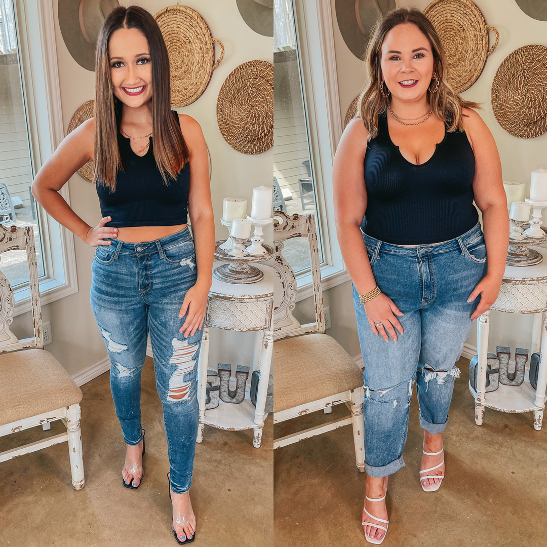 Dream Babe Notched Neckline Crop Tank Top in Black - Giddy Up Glamour Boutique