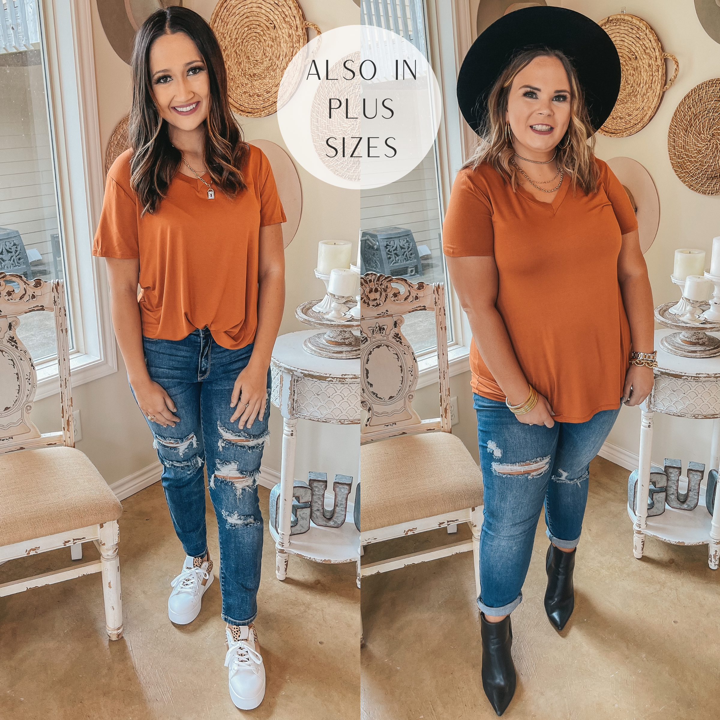 It's That Simple Solid V Neck Tee in Rust Orange - Giddy Up Glamour Boutique