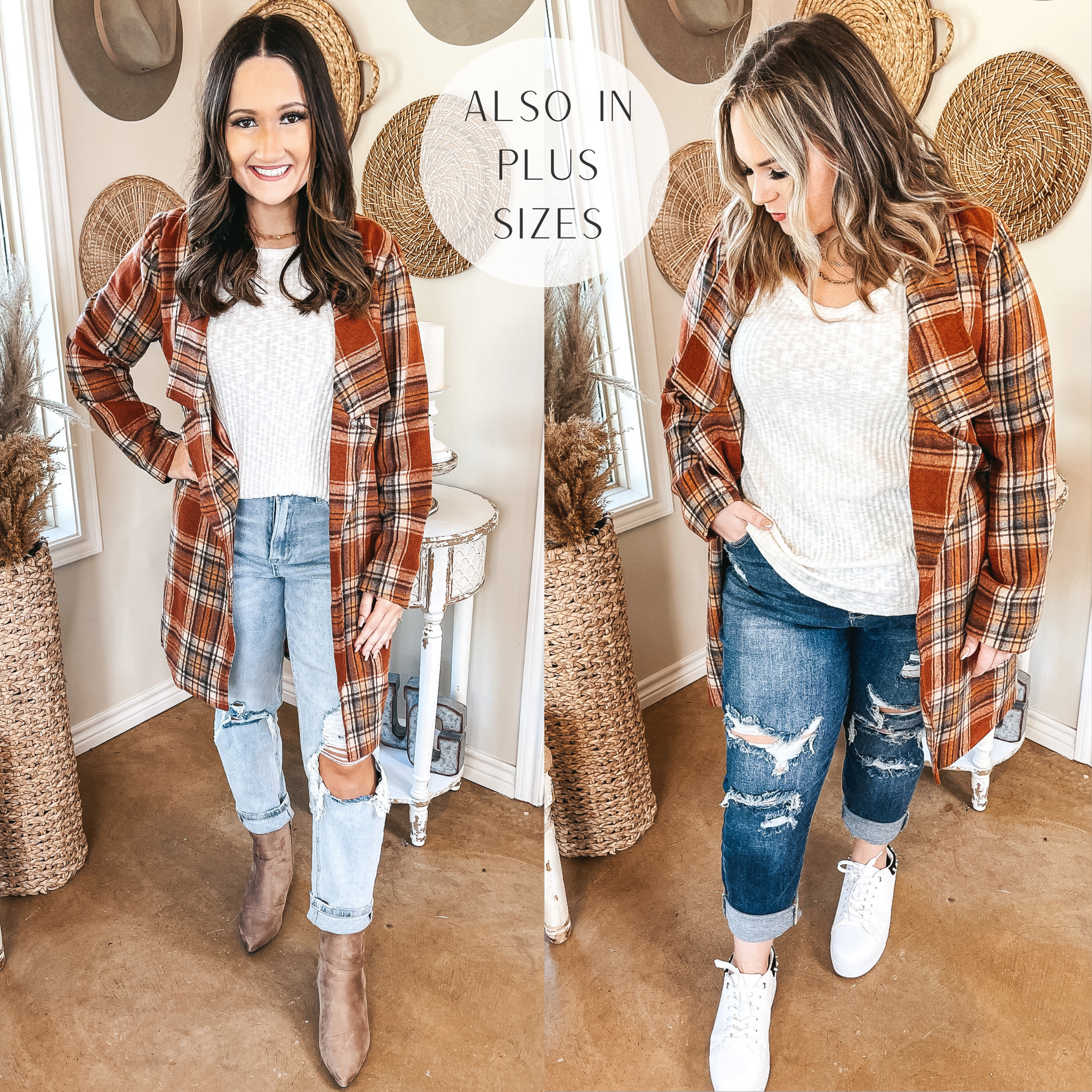 Two models wear this rusty black and orange plaid open jacket with a white sweater underneath. The model on the left wears it with light wash ripped jeans and tan ankle boots. The plus size model on the right wears it with medium wash jeans and white sneakers. 