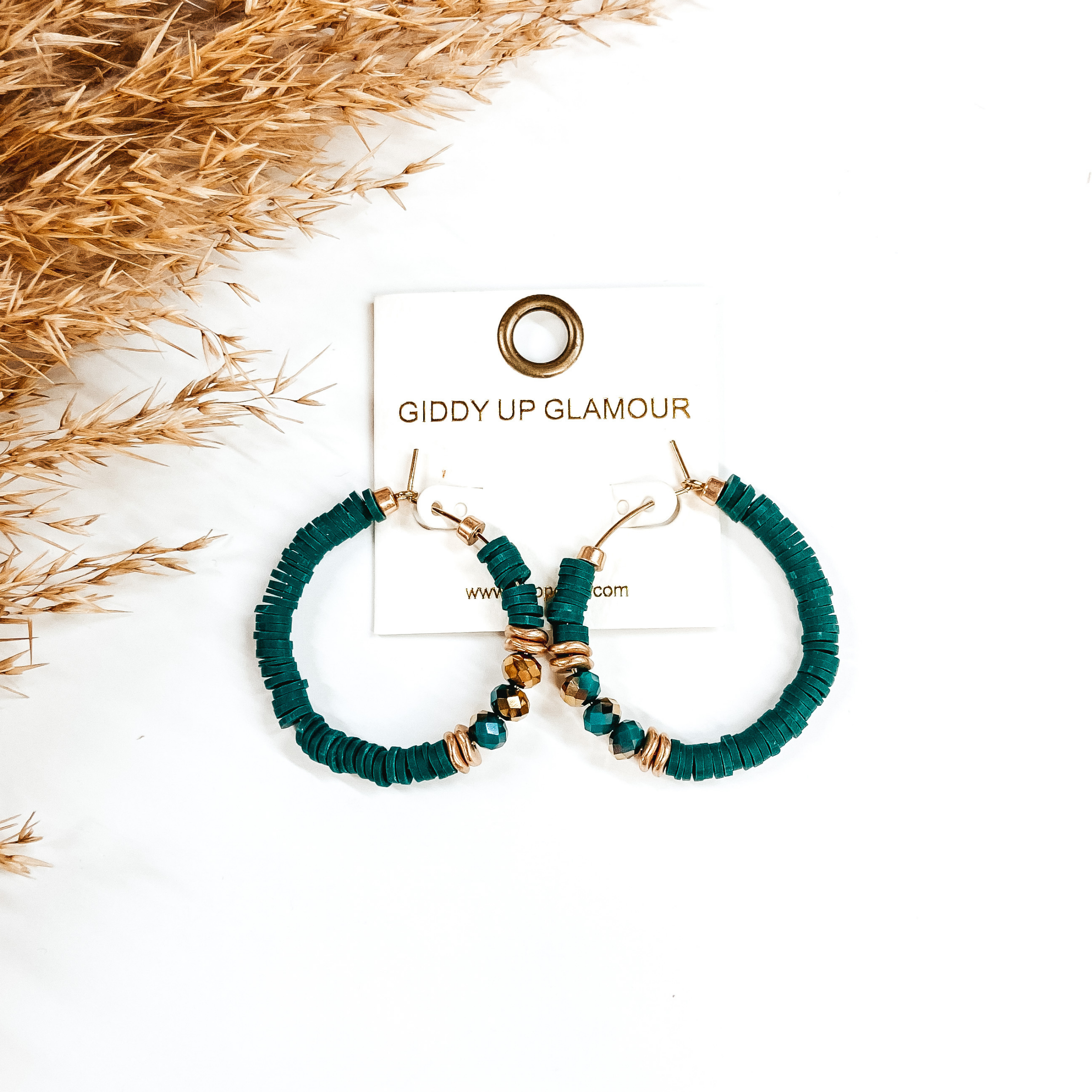 Disc Bead Hoop Earrings with Gold and Crystal Accent in Emerald Green - Giddy Up Glamour Boutique