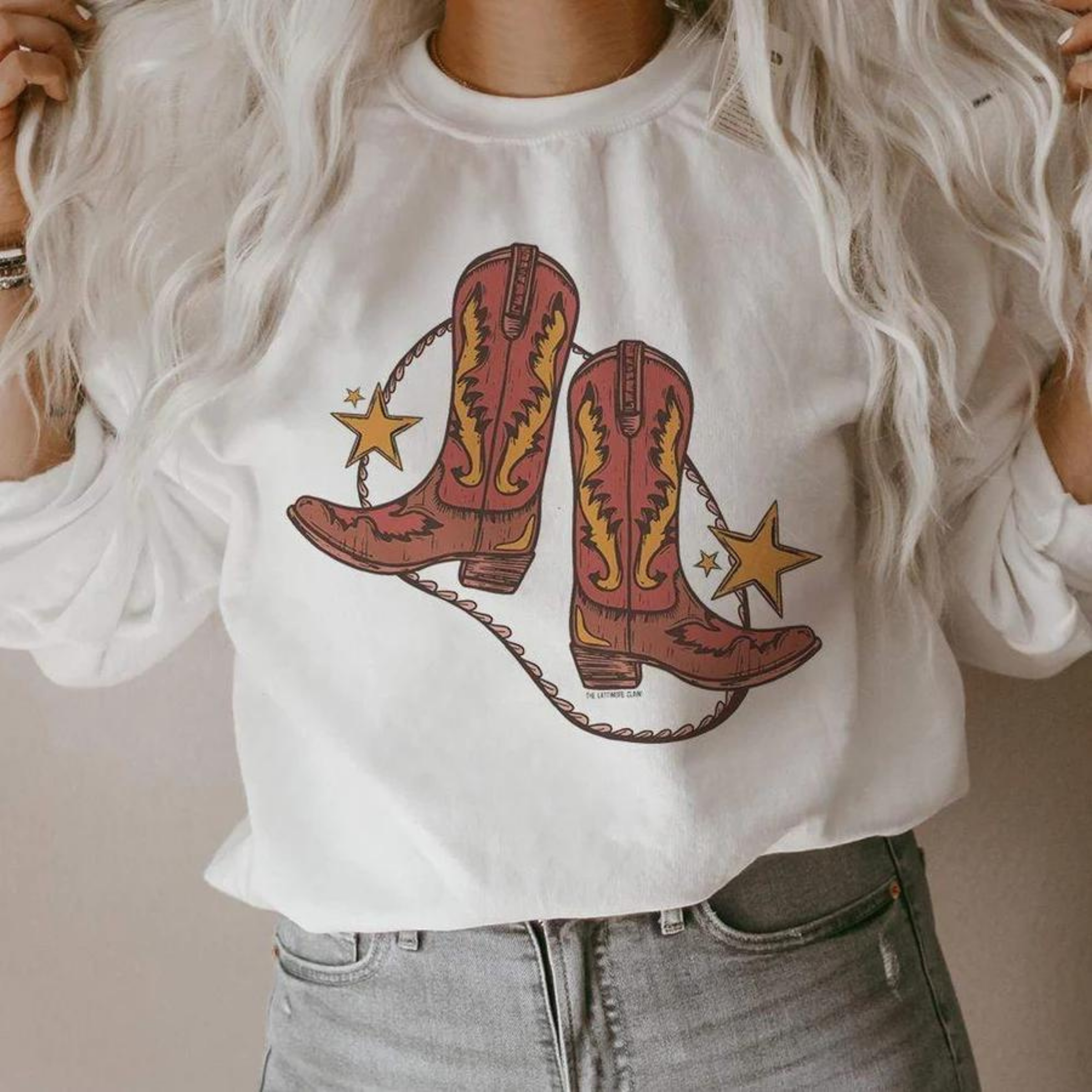 Online Exclusive | These Boots Were Made For Walkin' Cowboy Boot Graphic Sweatshirt in White - Giddy Up Glamour Boutique