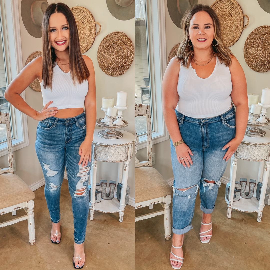 Dream Babe Notched Neckline Crop Tank Top in White - Giddy Up Glamour Boutique