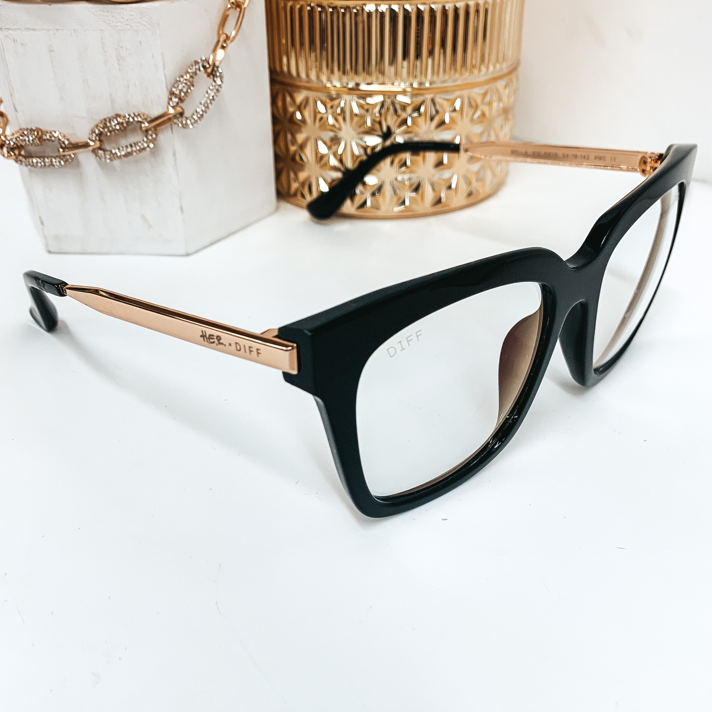 DIFF x H.E.R. | Bella Blue Light Tech Lens Glasses in Black and Gold - Giddy Up Glamour Boutique