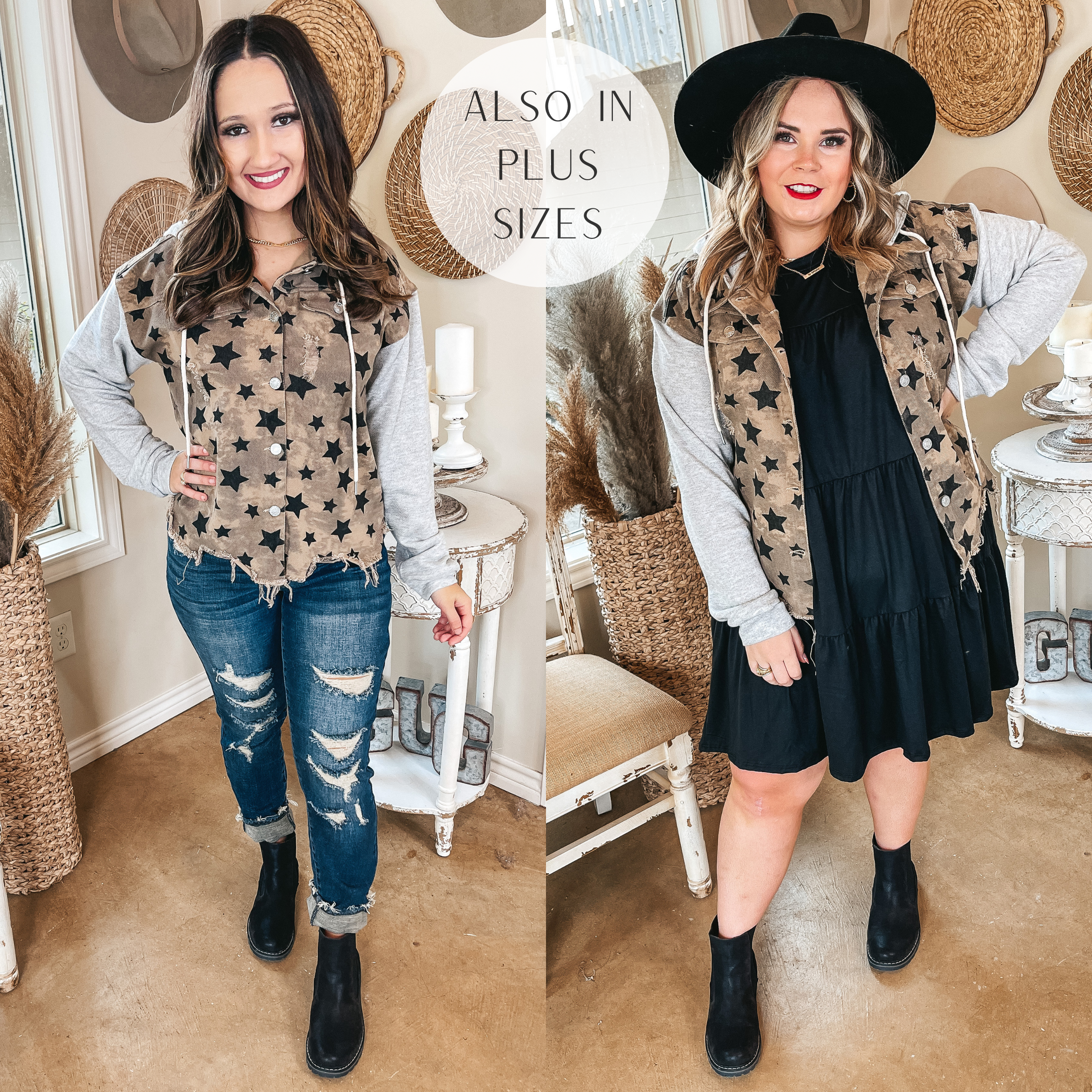 Models are wearing a star print hoodie jacket. Small size model has it paired with distressed jeans, black booties, and gold jewelry. Plus size model has it paired with a black dress, black hat, and black booties.