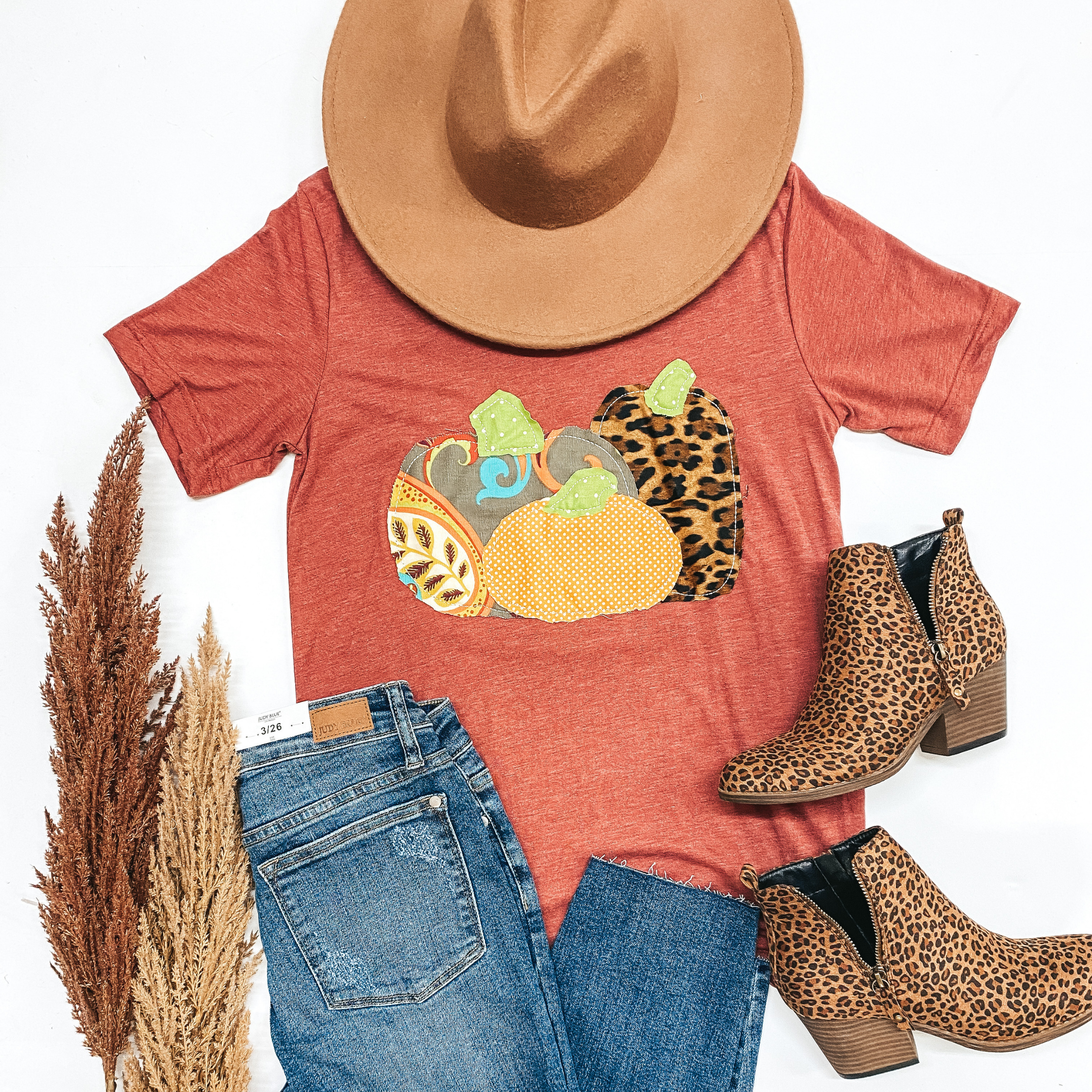 Pumpkin Patch Short Sleeve Tee Shirt with Hand Sewn Pumpkins in Clay - Giddy Up Glamour Boutique