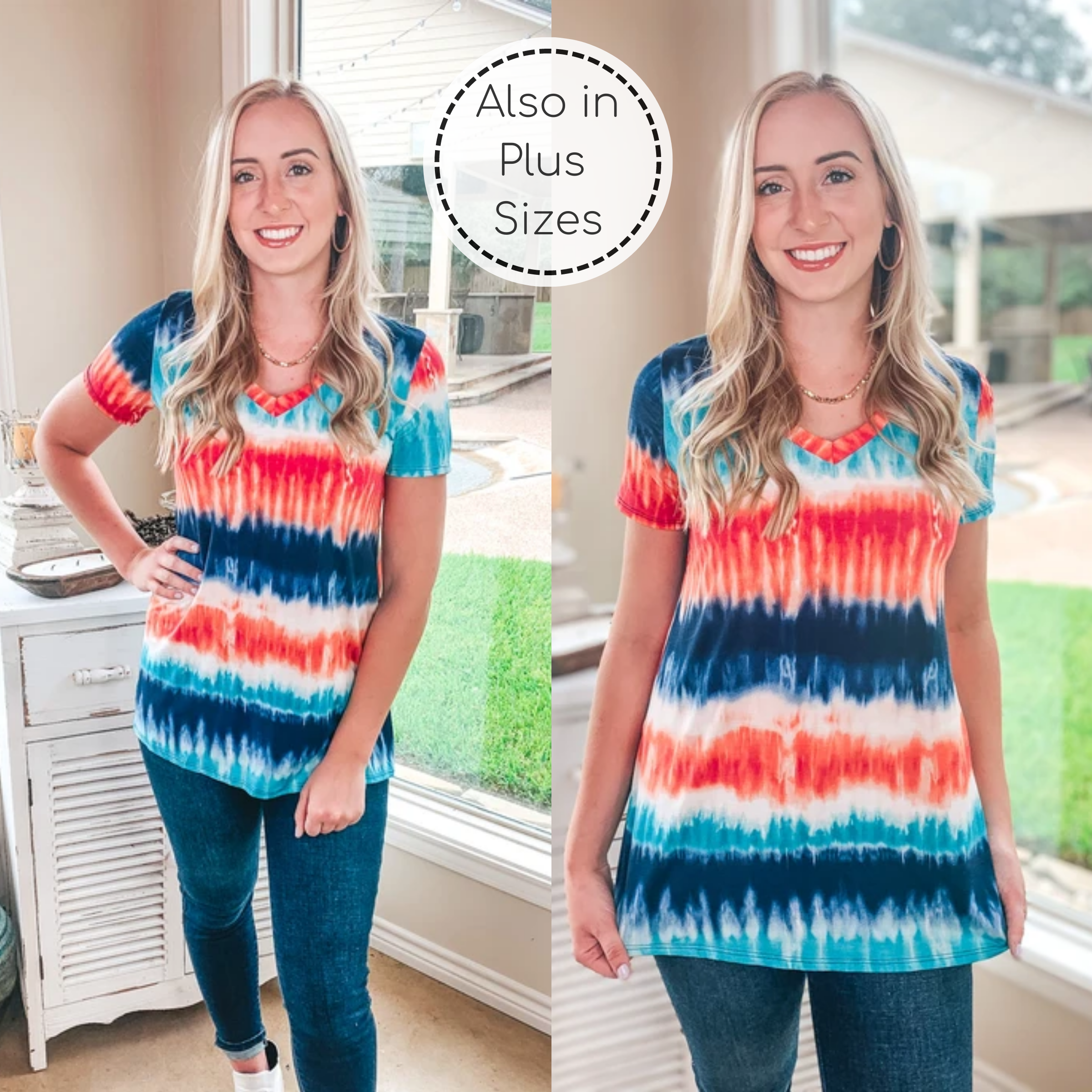 Last Chance Size S, M, & 3XL | Keep Things Simple Tie Dye Stripe V Neck Tee in Coral and Navy - Giddy Up Glamour Boutique