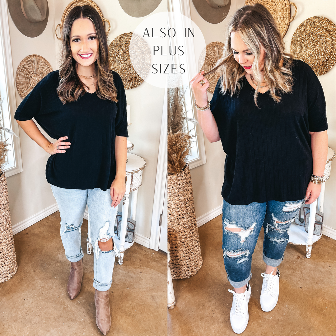 No Secrets V Neck Ribbed Poncho Top in Black - Giddy Up Glamour Boutique