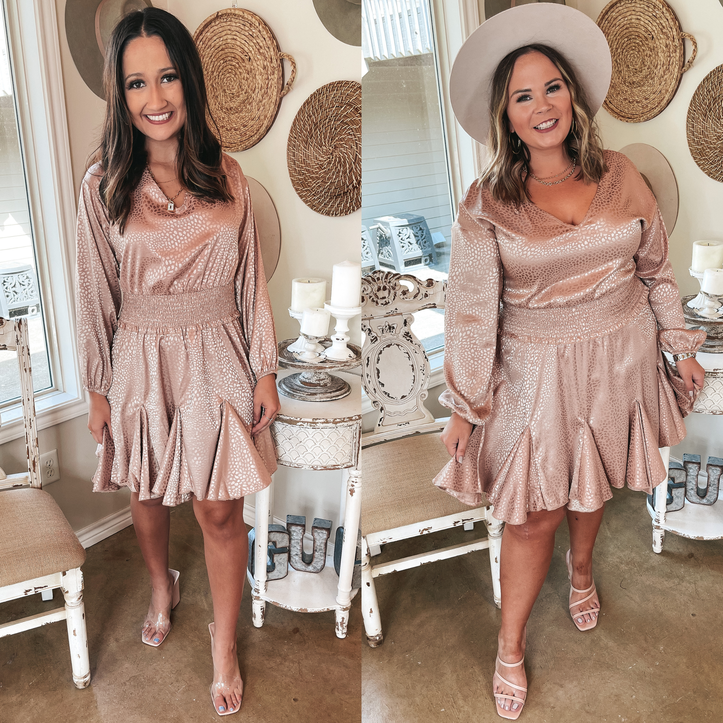 Wine Toast Dotted Smocked Waist V Neck Satin Dress in Blush - Giddy Up Glamour Boutique