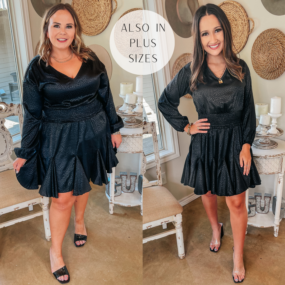 Wine Toast Dotted Smocked Waist V Neck Satin Dress in Black - Giddy Up Glamour Boutique