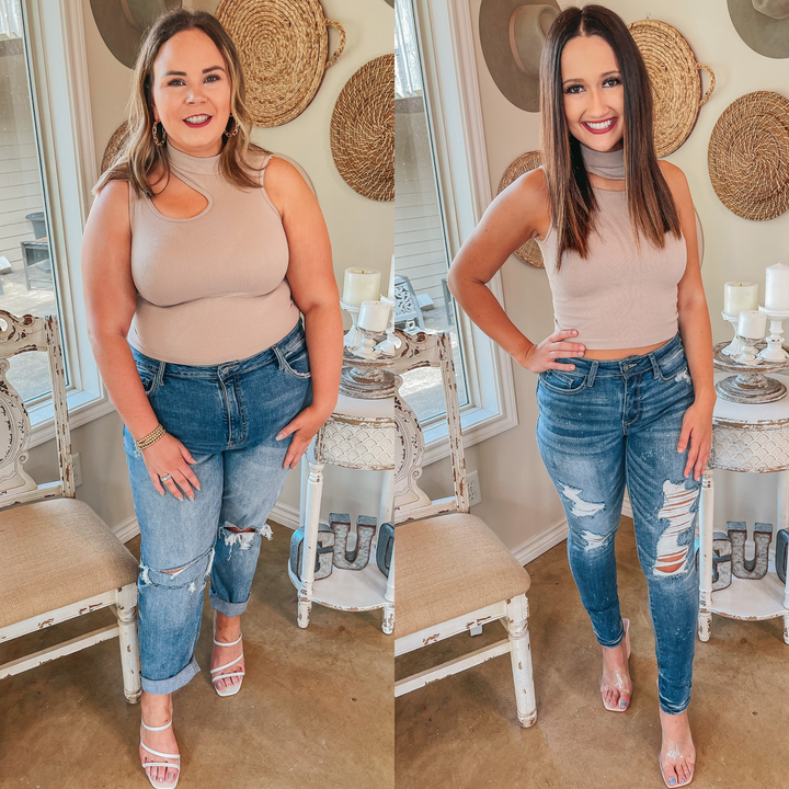 All The Drama Mockneck Cut Out Crop Tank Top in Taupe - Giddy Up Glamour Boutique
