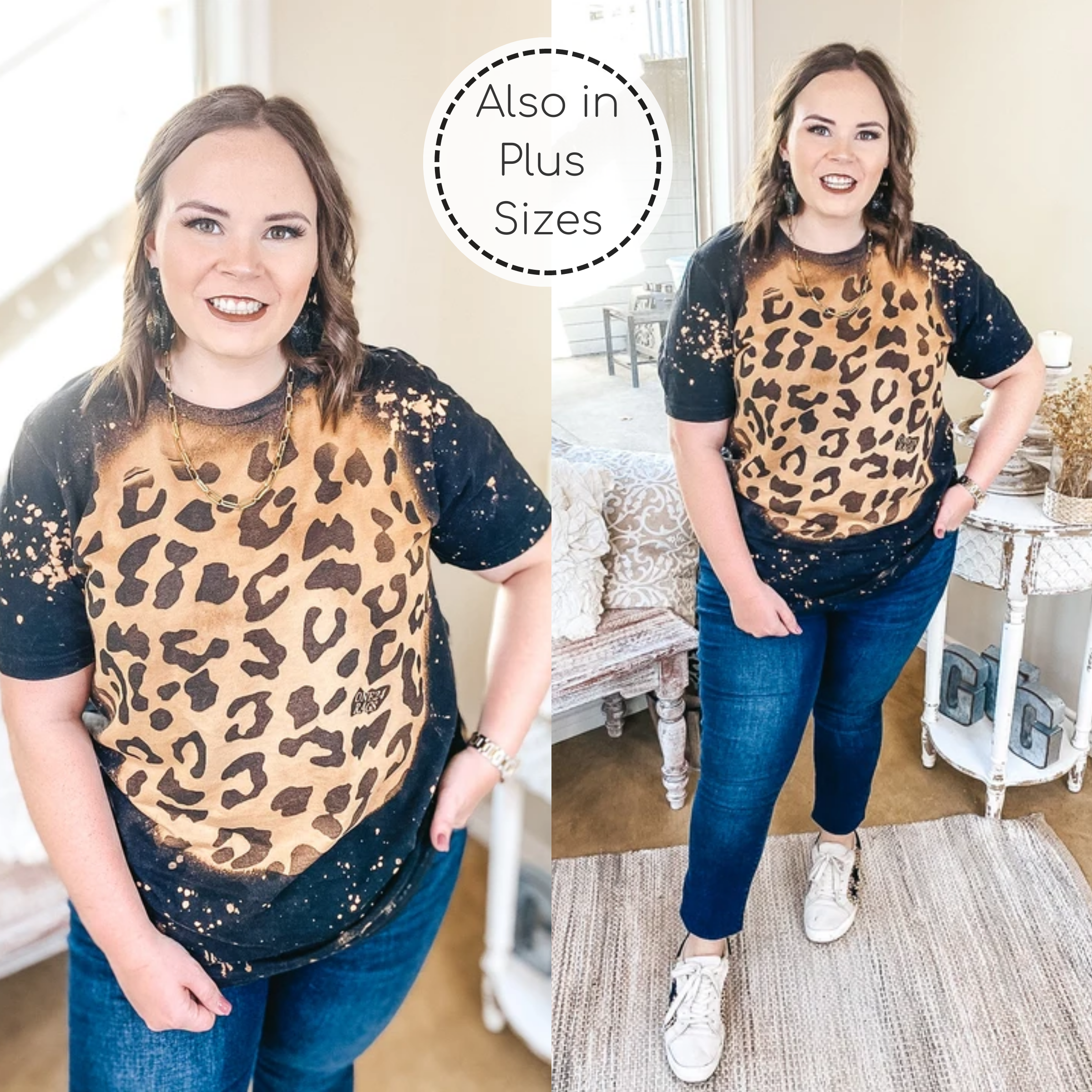 Vintage Leopard Short Sleeve Graphic Tee with Bleach Distressing in Black - Giddy Up Glamour Boutique