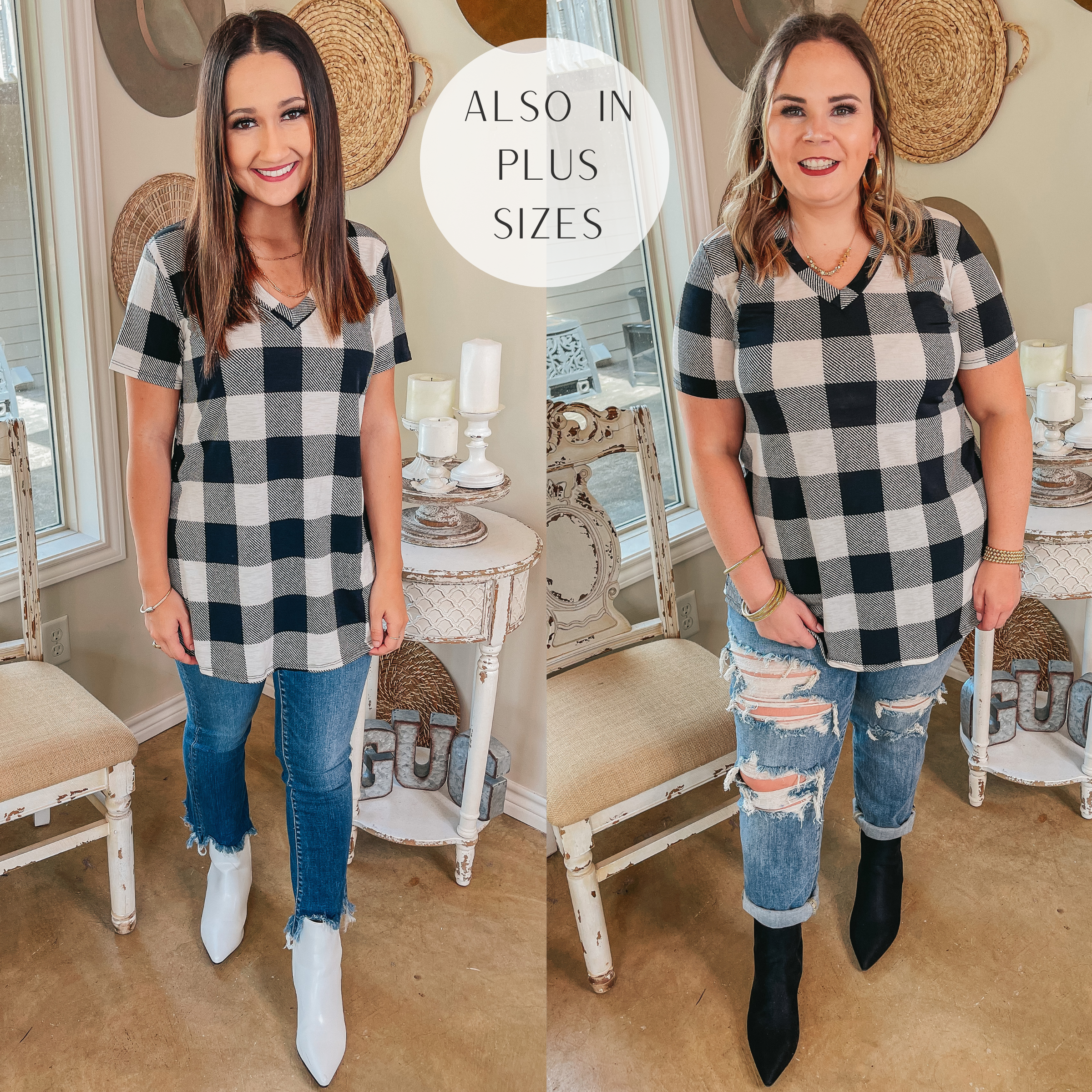 Keep Things Simple Buffalo Plaid V Neck Tee in Ivory - Giddy Up Glamour Boutique