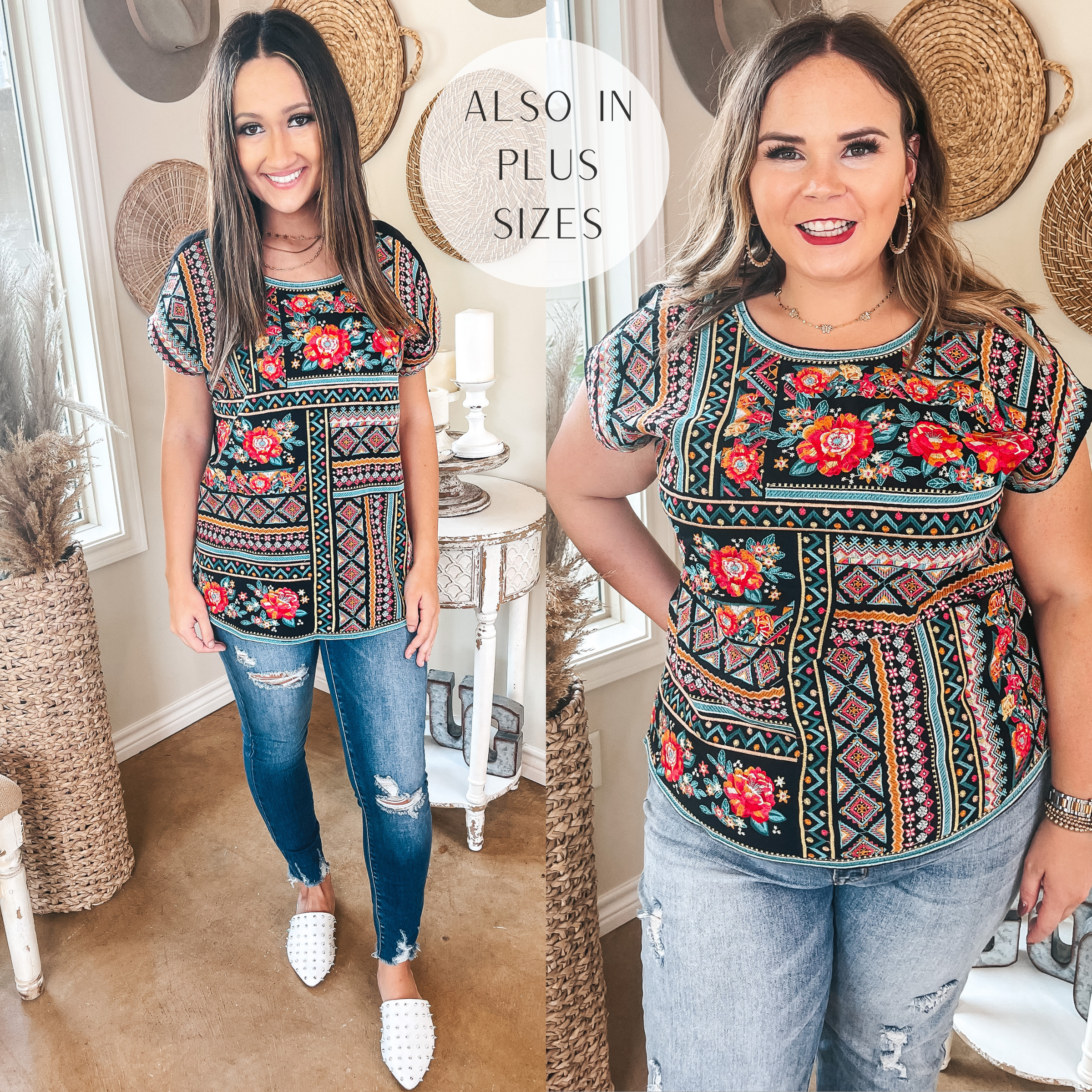 Sonoma Valley Bright Embroidered Short Sleeve Top in Black - Giddy Up Glamour Boutique