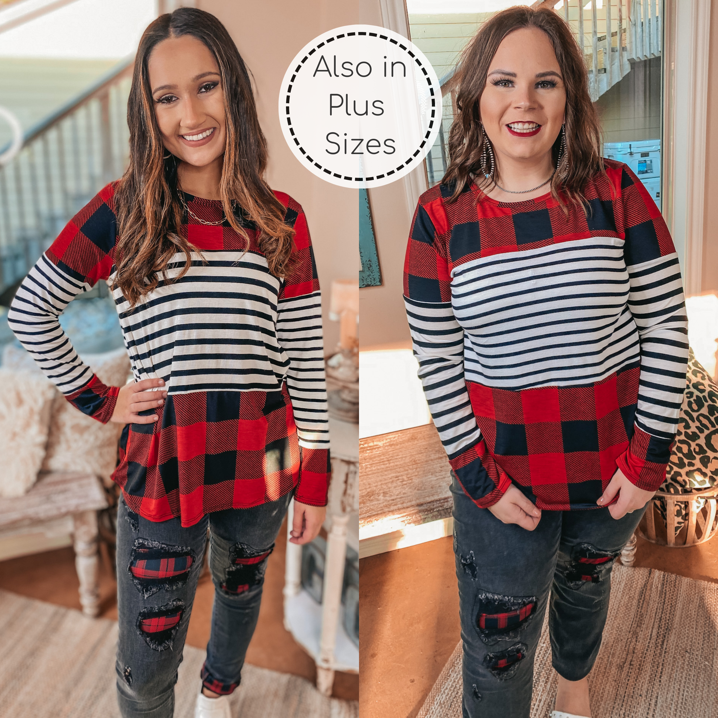 Online Exclusive | Cozy Cabin Vibes Buffalo Plaid and Striped Print Block Top in Red, Ivory, and Black - Giddy Up Glamour Boutique