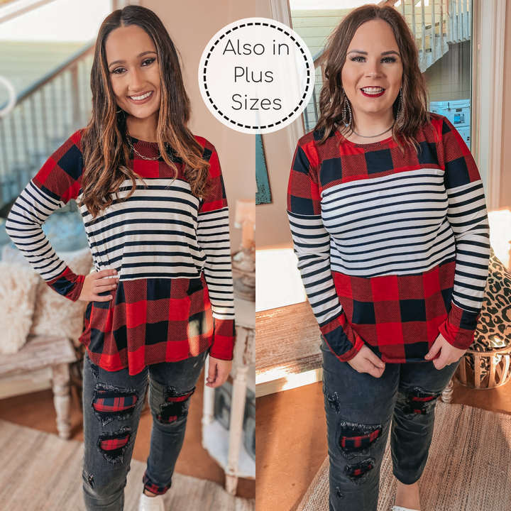 Online Exclusive | Cozy Cabin Vibes Buffalo Plaid and Striped Print Block Top in Red, Ivory, and Black - Giddy Up Glamour Boutique