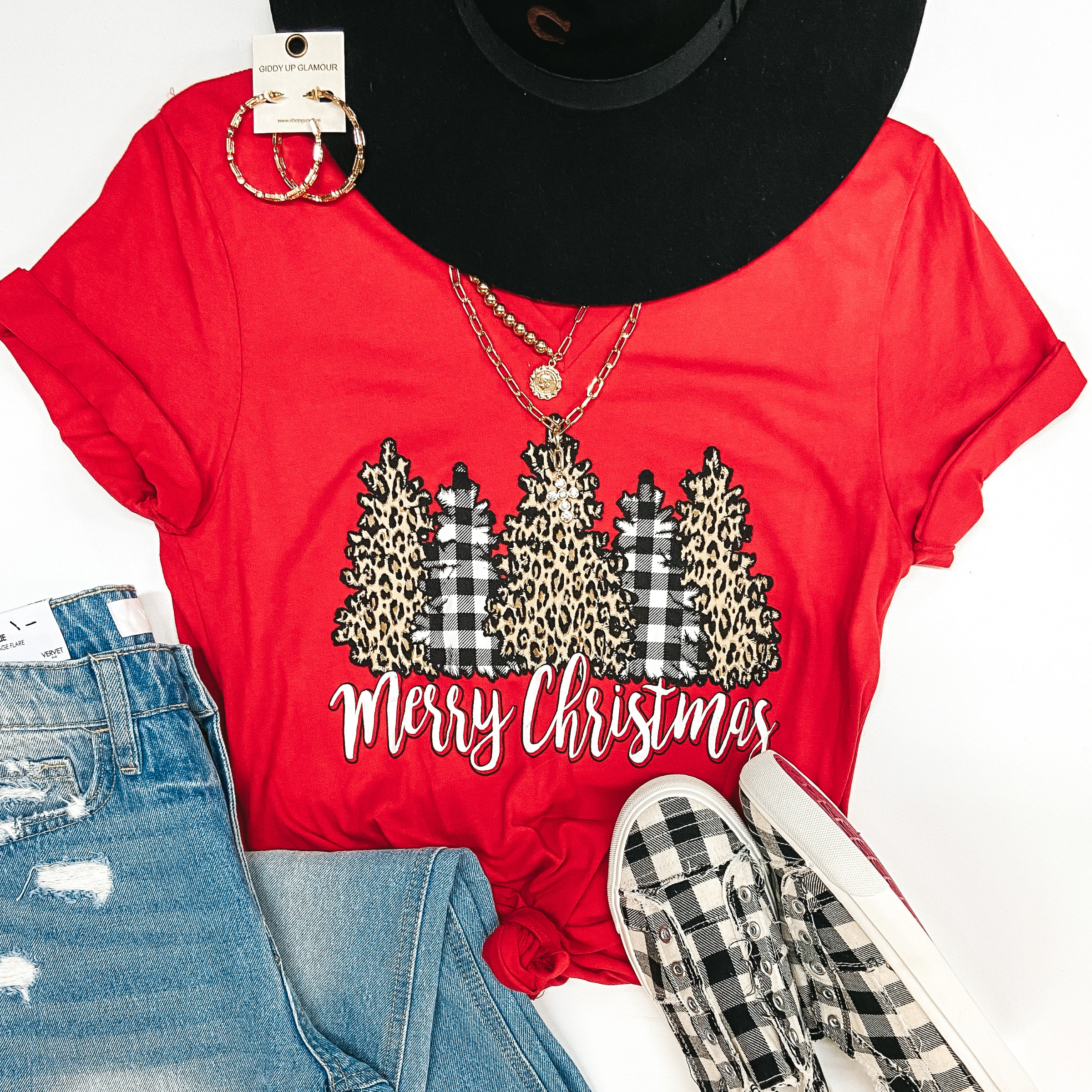 Merry Christmas Leopard and Buffalo Plaid Christmas Trees Short Sleeve Graphic Tee in Red - Giddy Up Glamour Boutique