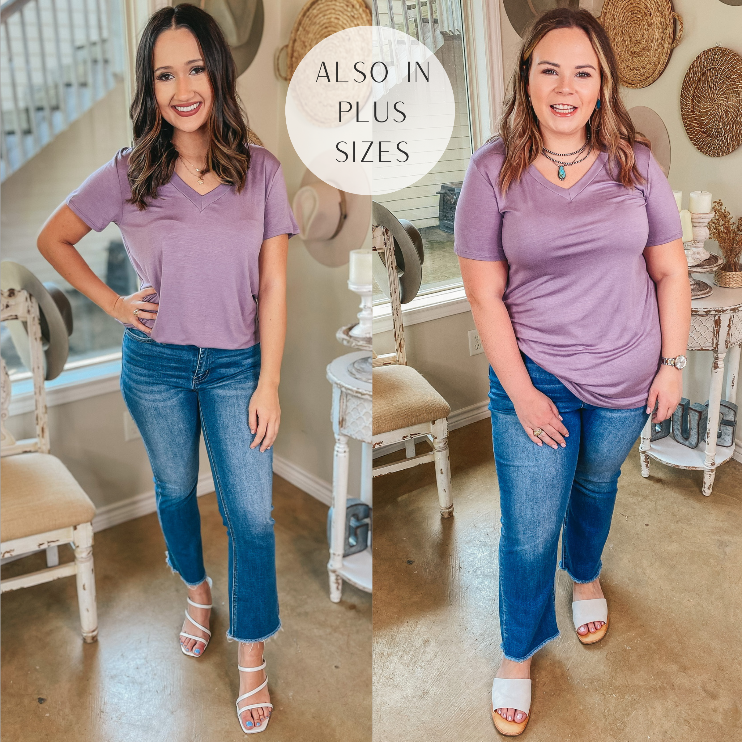 It's That Simple Solid V Neck Tee in Dusty Lavender - Giddy Up Glamour Boutique