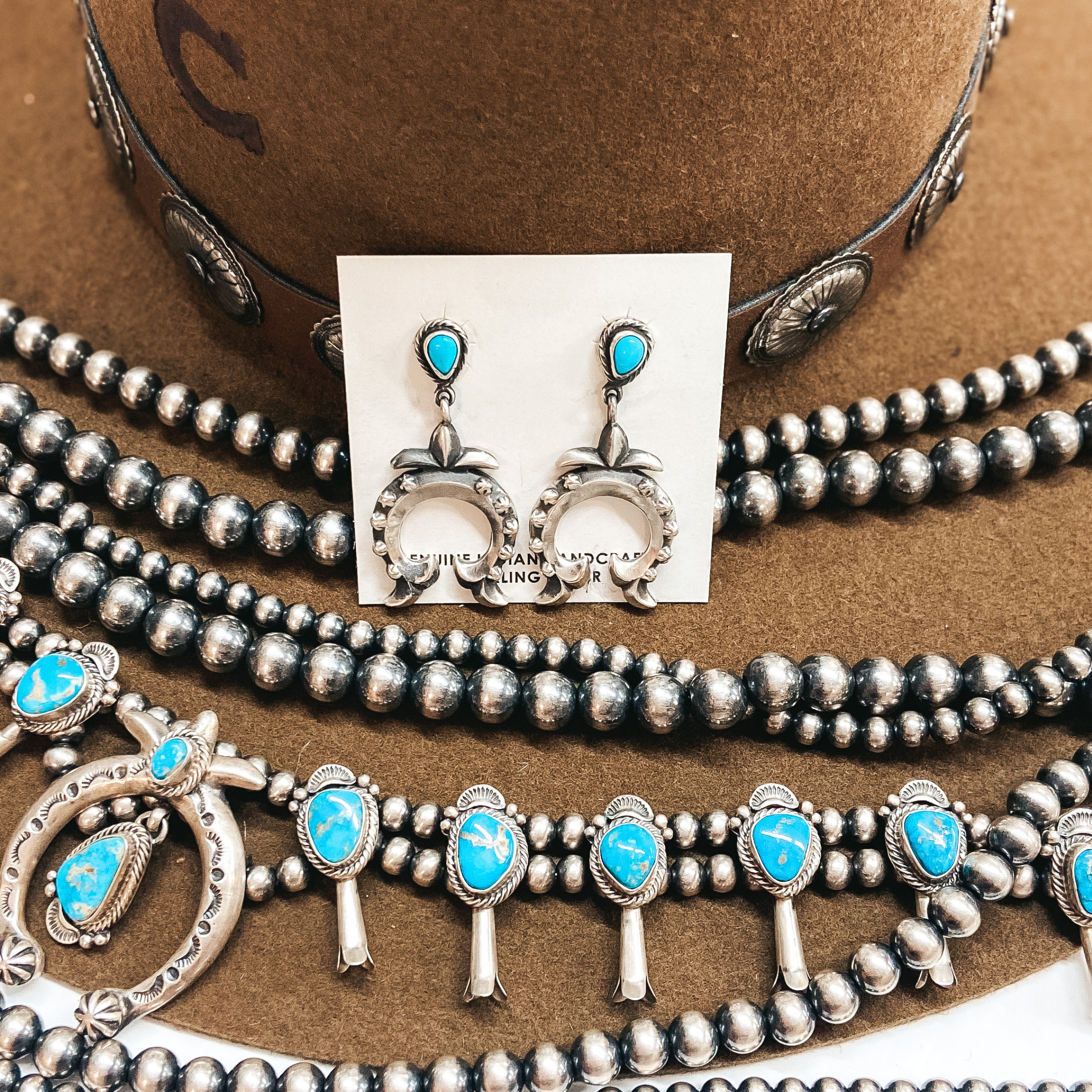 Verley Betone | Navajo Handmade Sterling Silver Naja Drop Earrings with Kingman Turquoise Post - Giddy Up Glamour Boutique