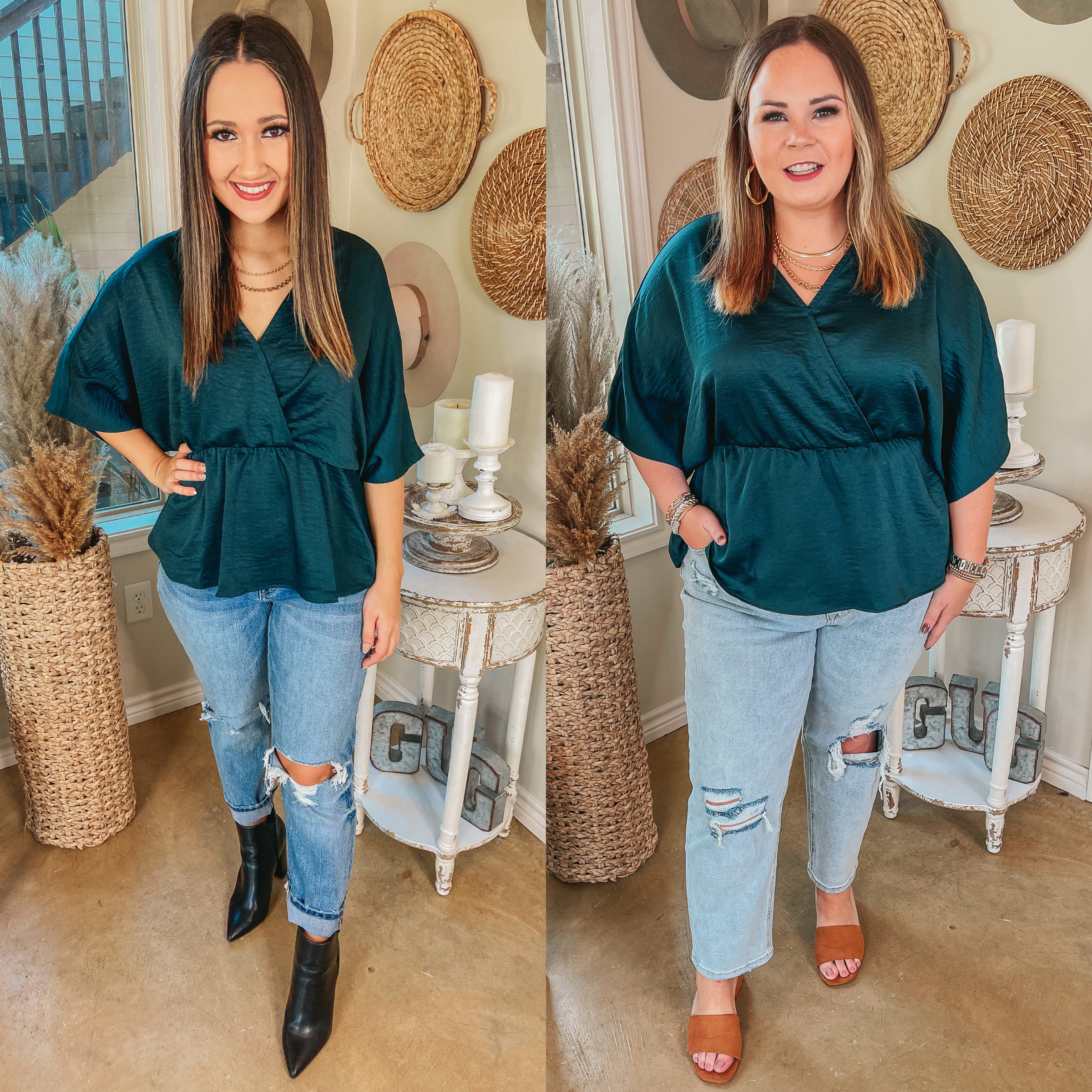 Under the Pines V Neck Peplum Blouse in Forest Green - Giddy Up Glamour Boutique