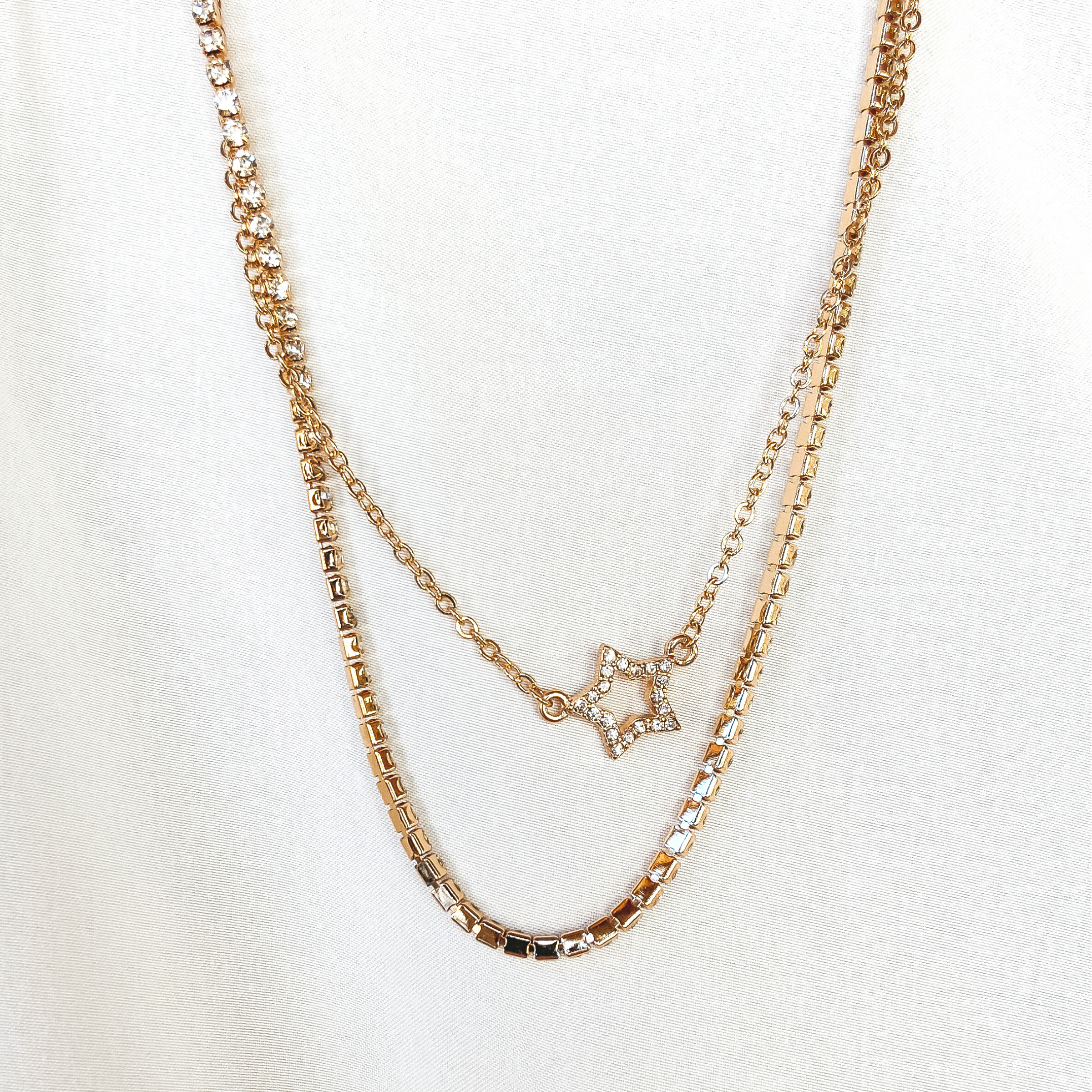 Set of Two | Crystal and Star Outline Layering Necklaces in Gold - Giddy Up Glamour Boutique