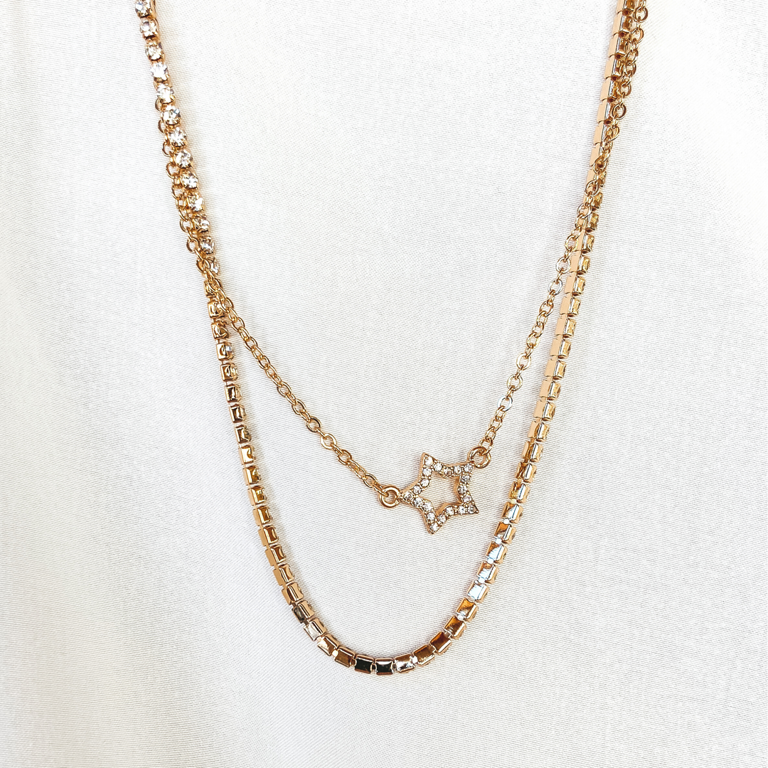Set of Two | Crystal and Star Outline Layering Necklaces in Gold - Giddy Up Glamour Boutique
