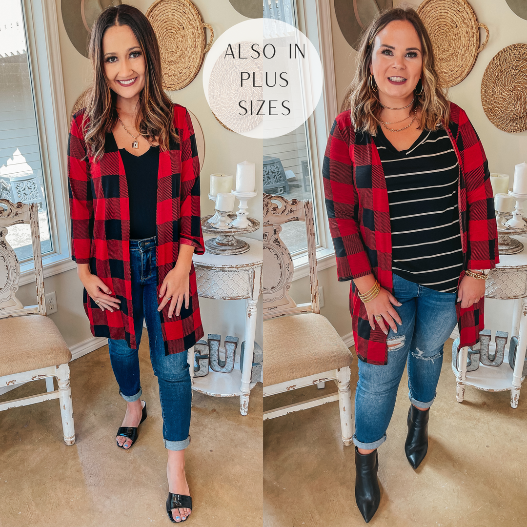 All Eyes On You Buffalo Plaid Cardigan in Red - Giddy Up Glamour Boutique