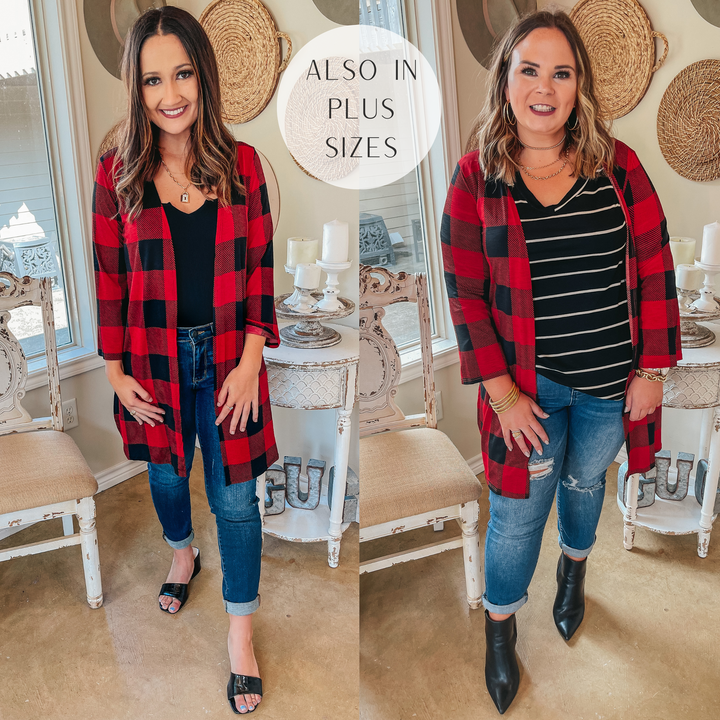 All Eyes On You Buffalo Plaid Cardigan in Red - Giddy Up Glamour Boutique
