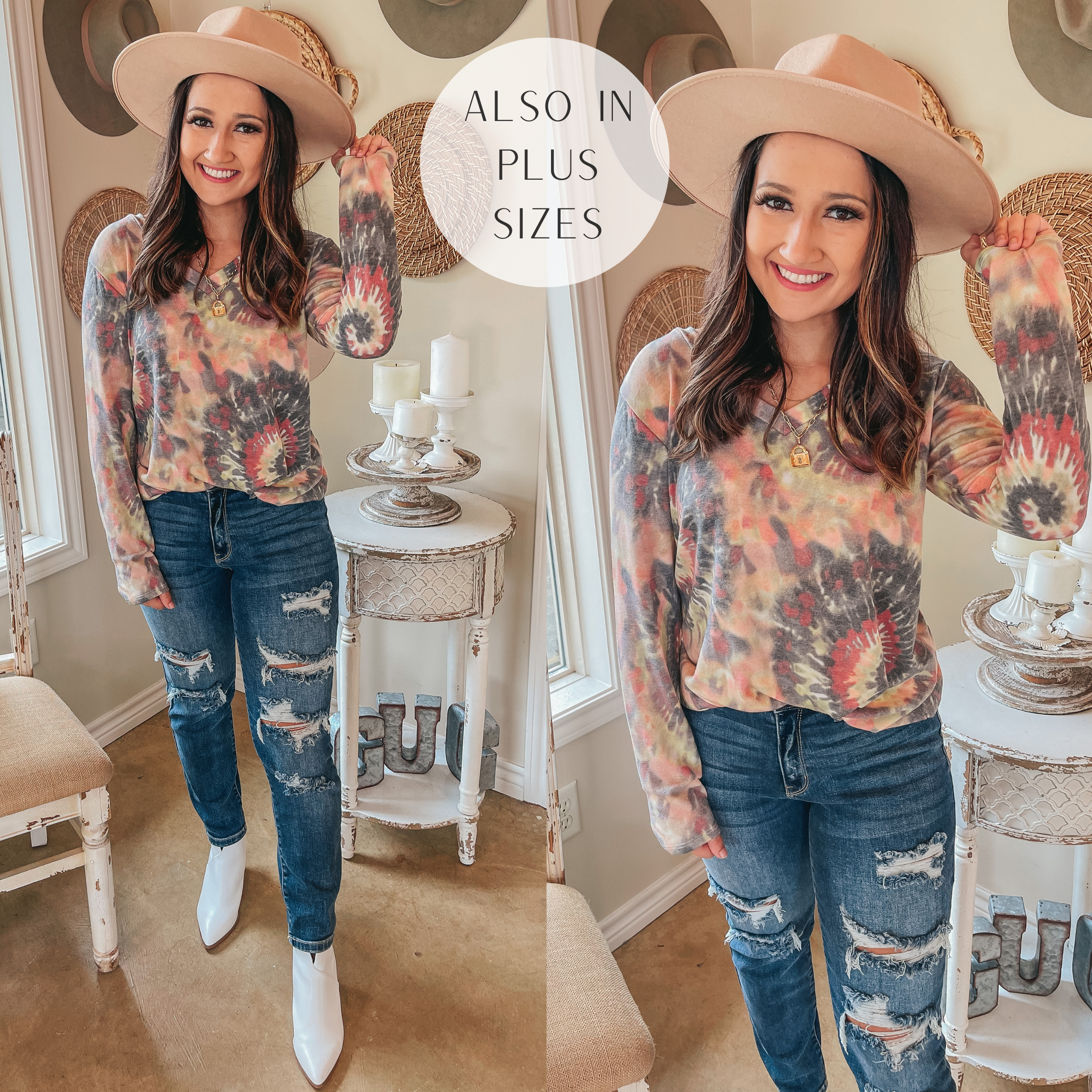 Last Chance Size S, M, & XL | Keep Things Simple Long Sleeve Spiral Tie Dye V Neck Pullover Top in Grey Multi - Giddy Up Glamour Boutique