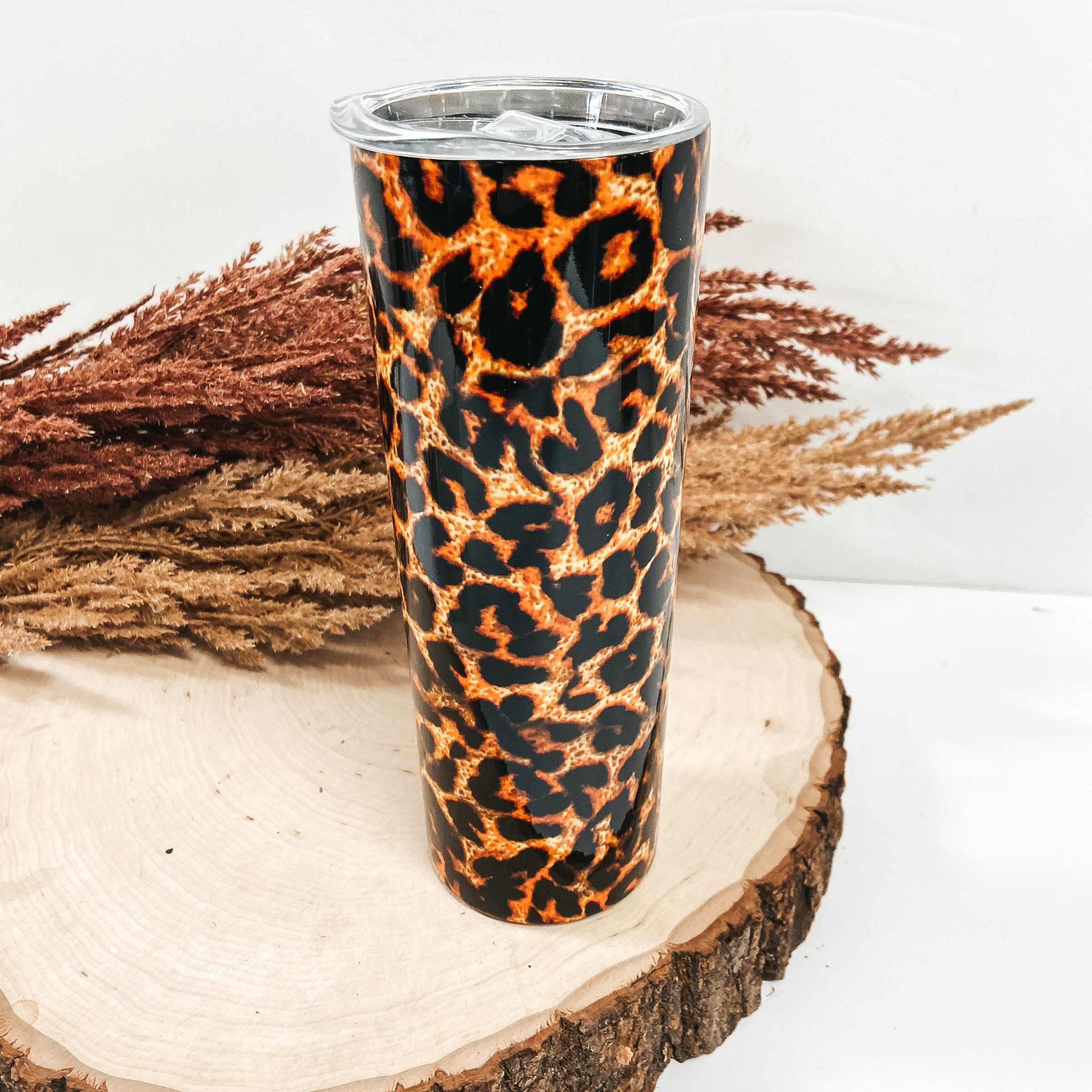Leopard Print 20 Oz. Metal Cylinder Tumbler in Tan - Giddy Up Glamour Boutique