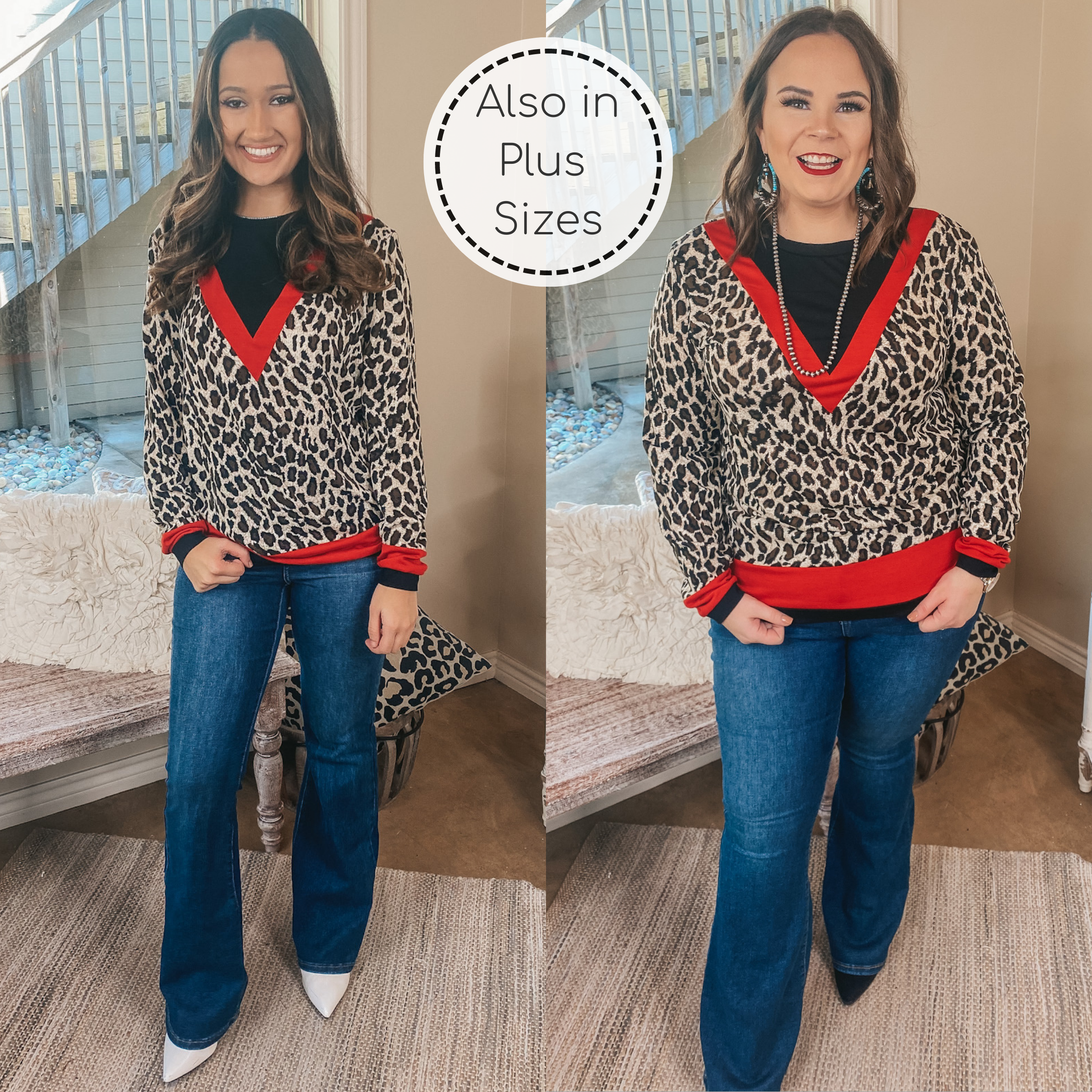 A Wild Mindset Leopard and Black Color Block Top with Red Trim - Giddy Up Glamour Boutique