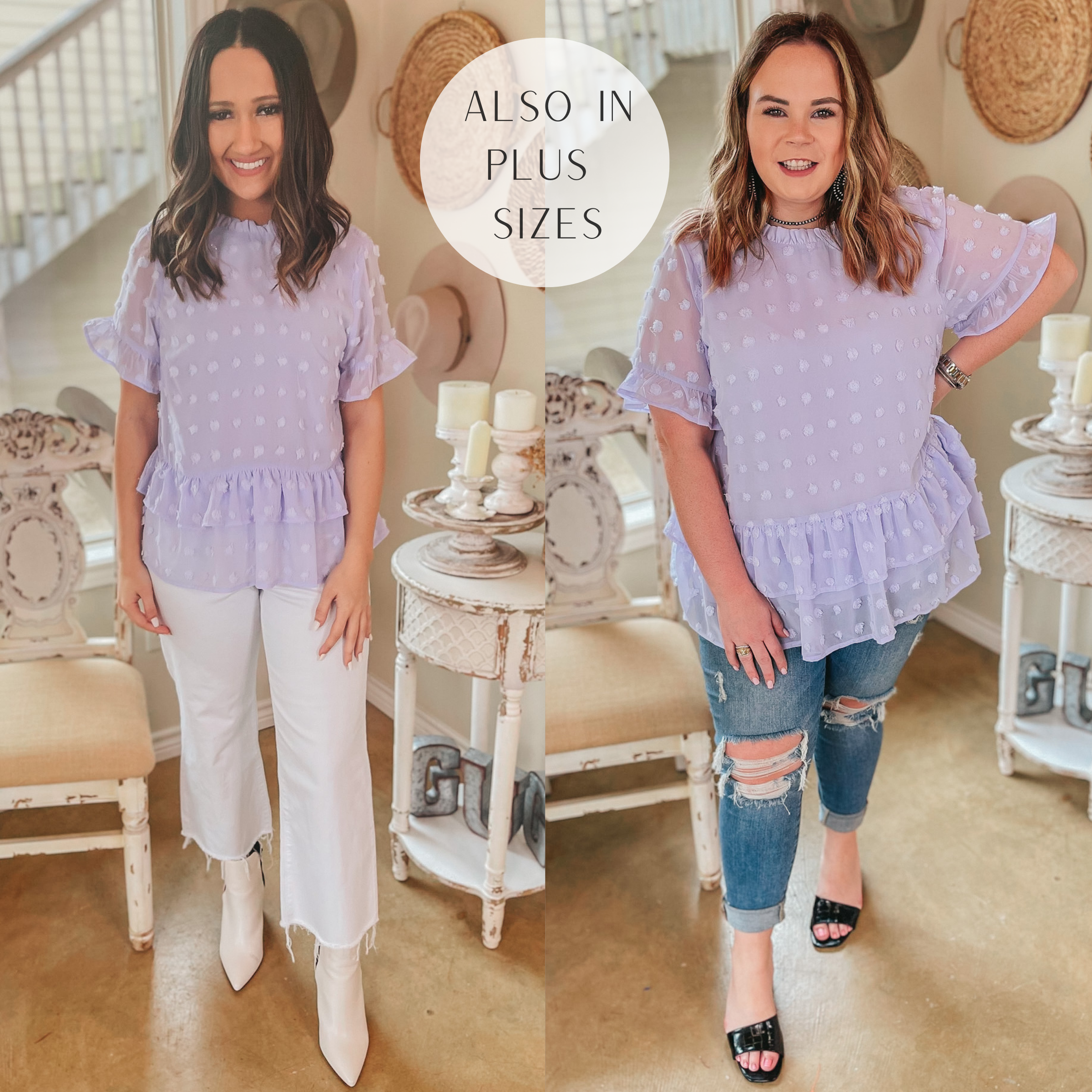 Last Chance Size S & L | Garden Graceful Swiss Dot Ruffle Peplum Top in Lavender - Giddy Up Glamour Boutique