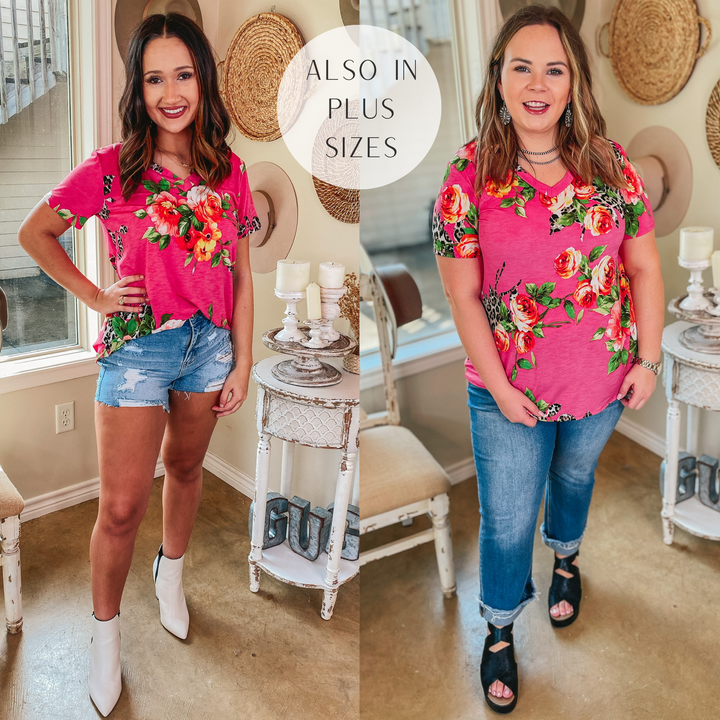Last Chance Size Small | Keep Things Simple Floral and Leopard V Neck Tee in Fuchsia - Giddy Up Glamour Boutique