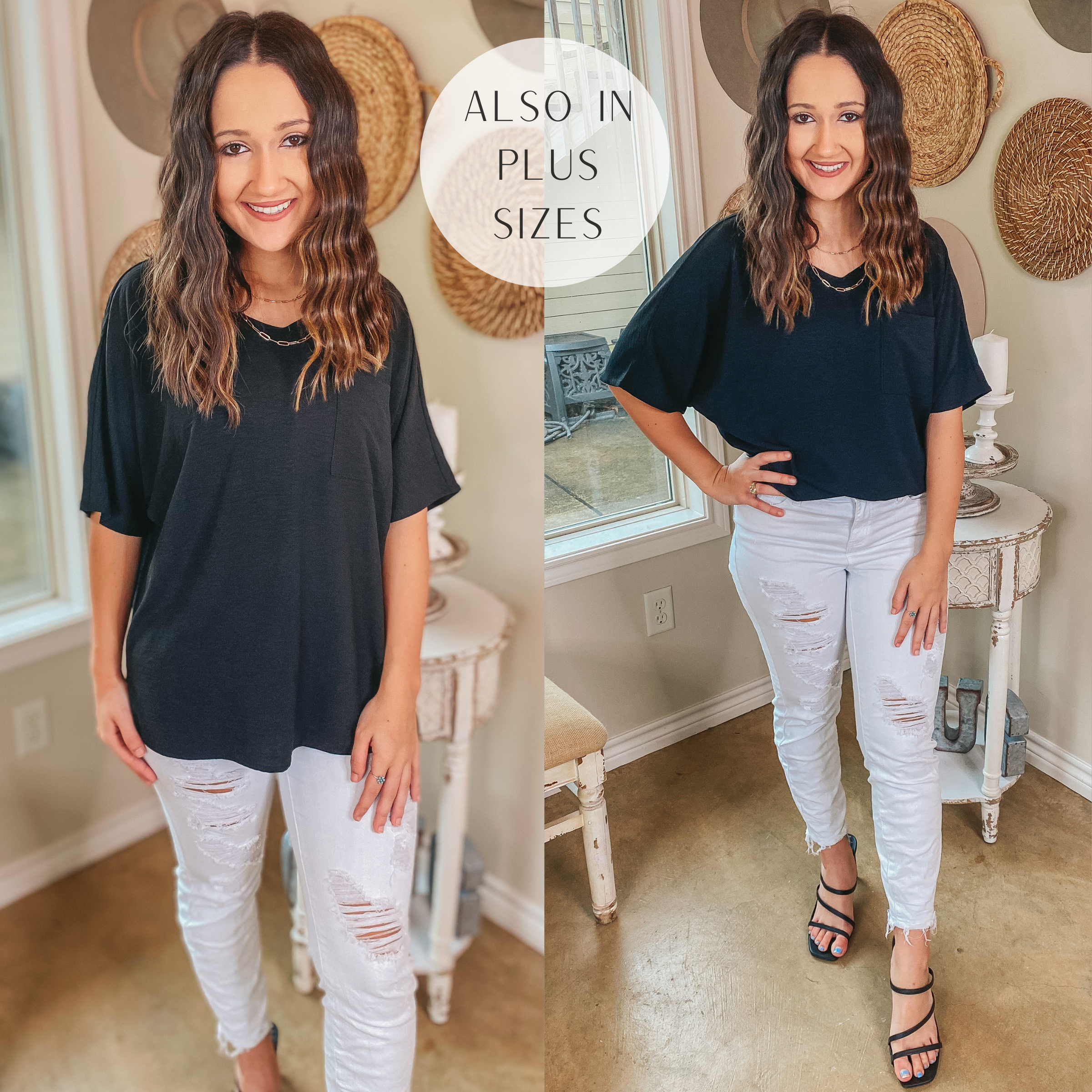 On Record V Neck Short Sleeve Shift Top with Front Pocket in Black - Giddy Up Glamour Boutique