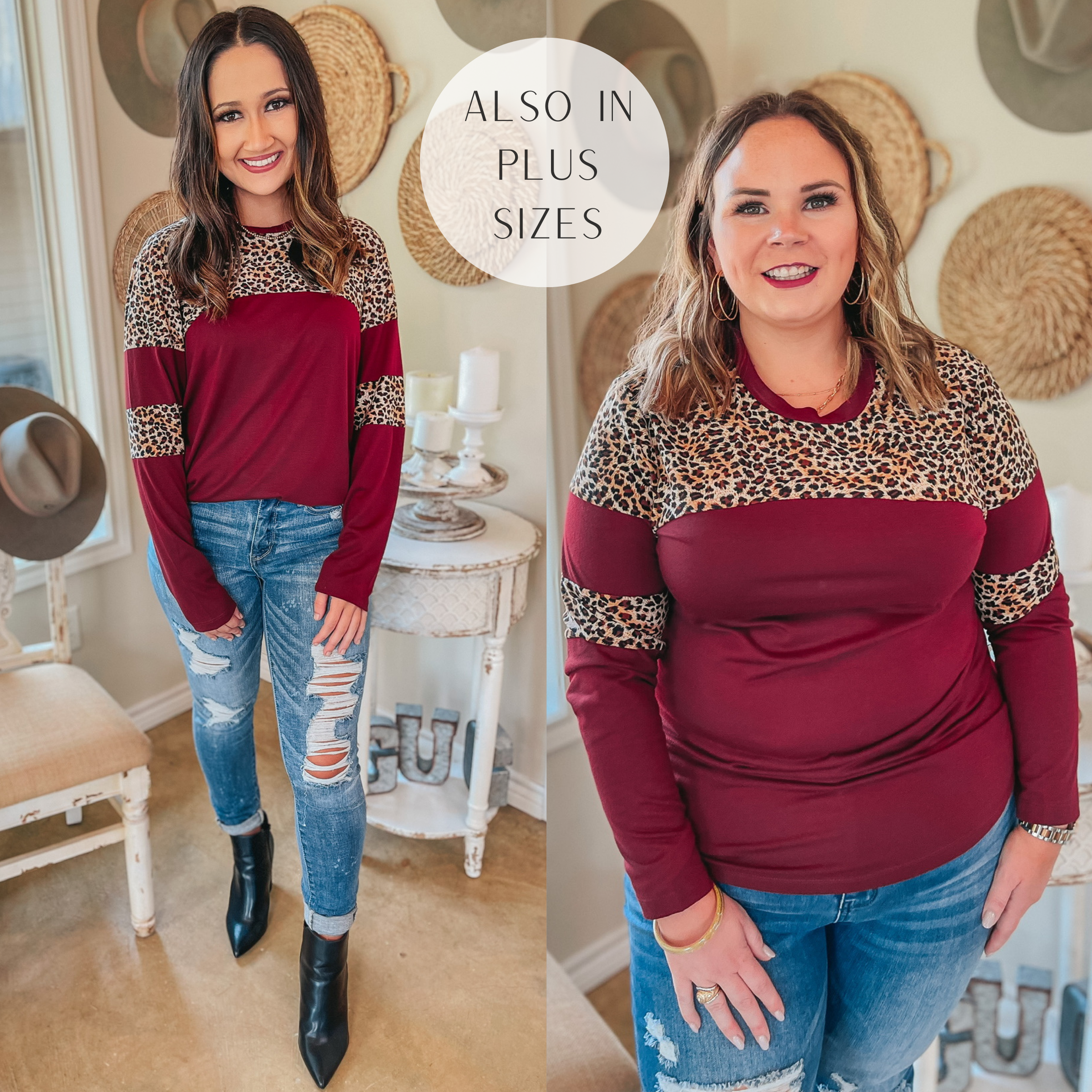 Get the Look Leopard Upper and Elbow Long Sleeve Top in Maroon - Giddy Up Glamour Boutique