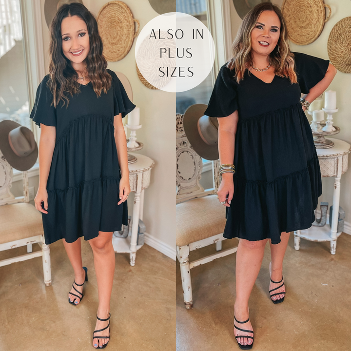 Waiting on Wednesday Short Sleeve Tiered Babydoll Dress in Black - Giddy Up Glamour Boutique