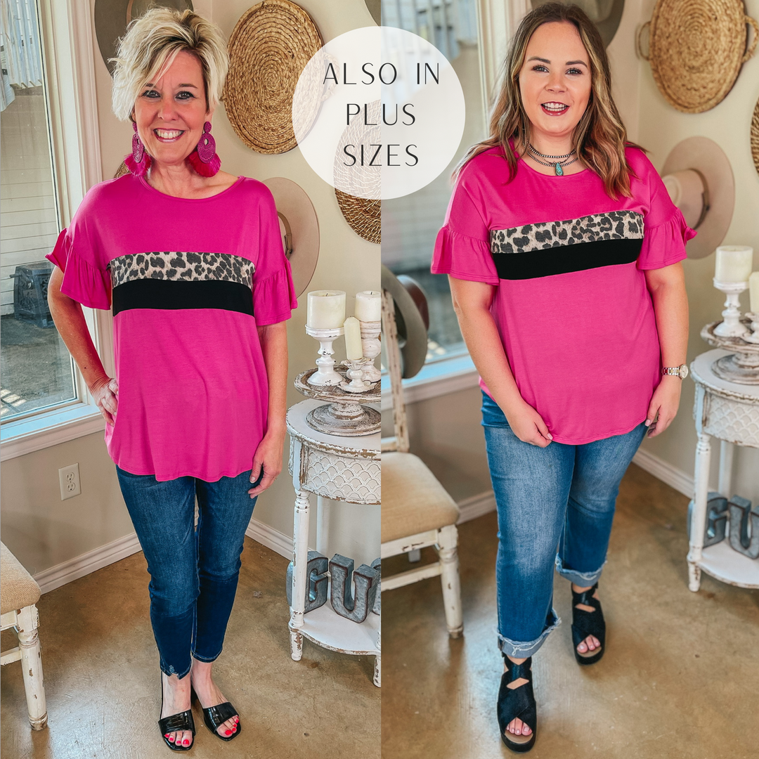 Well Said Leopard and Black Bust Ruffle Sleeve Top in Fuchsia - Giddy Up Glamour Boutique