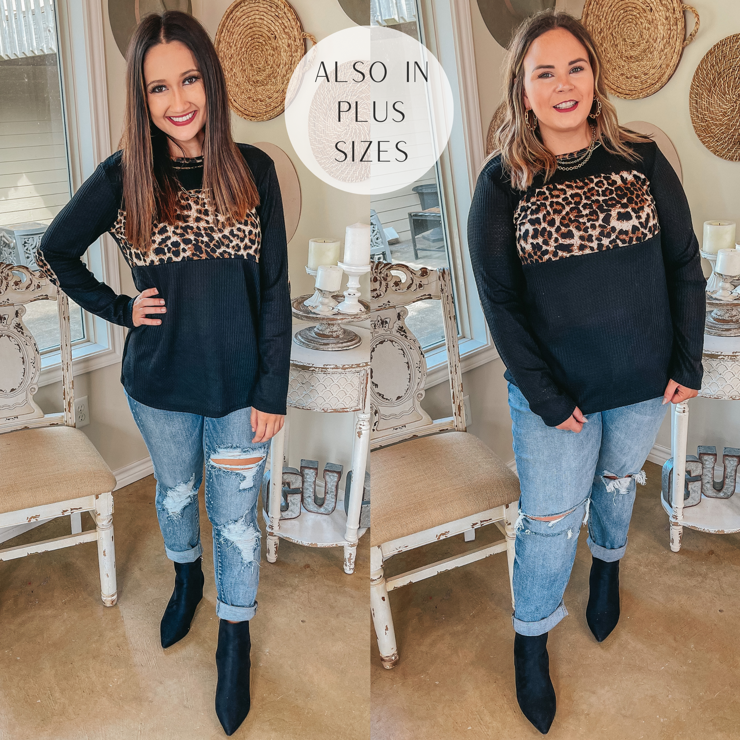 Last Chance Size Small | Wildly Cozy Waffle Knit Top with Leopard Bust and Elbow Patches in Black - Giddy Up Glamour Boutique