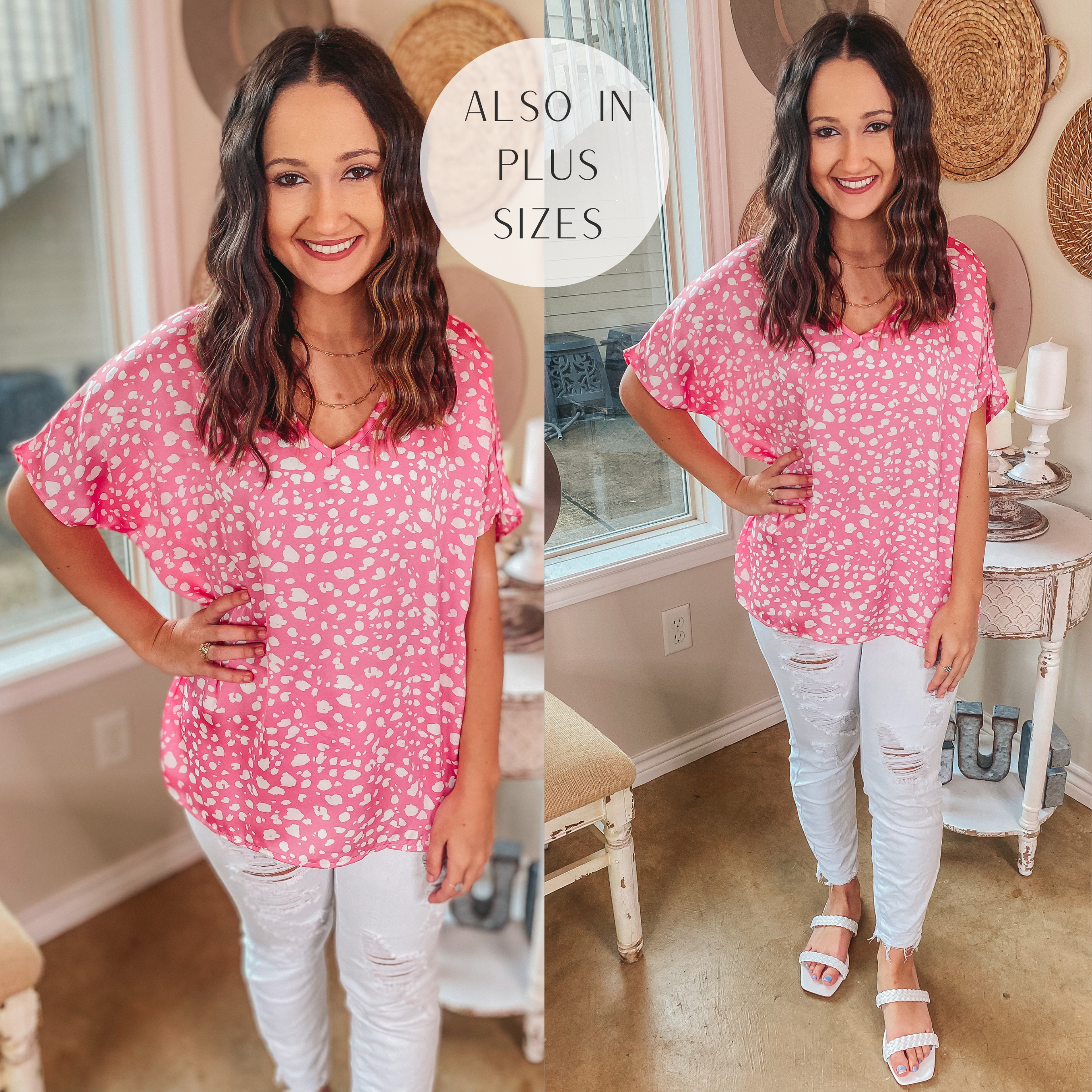 Secret Crushes Dotted V Neck Top in Pink - Giddy Up Glamour Boutique