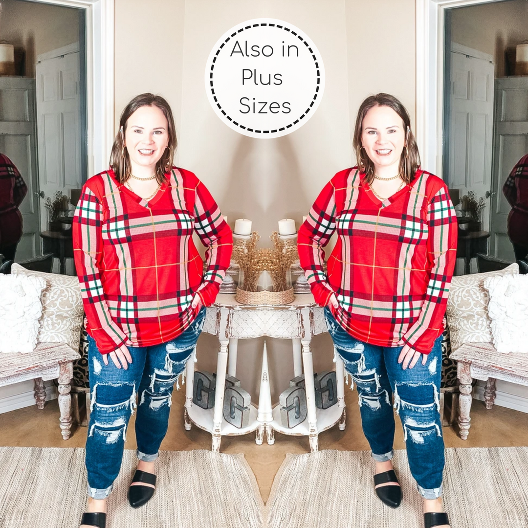 Keep Things Simple Long Sleeve Plaid V Neck Pullover Top in Red - Giddy Up Glamour Boutique