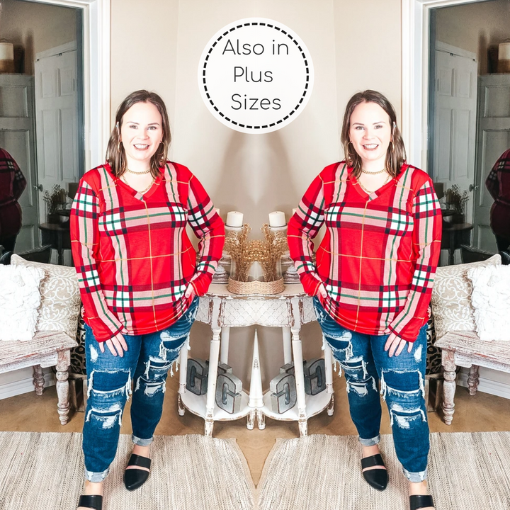 Keep Things Simple Long Sleeve Plaid V Neck Pullover Top in Red - Giddy Up Glamour Boutique