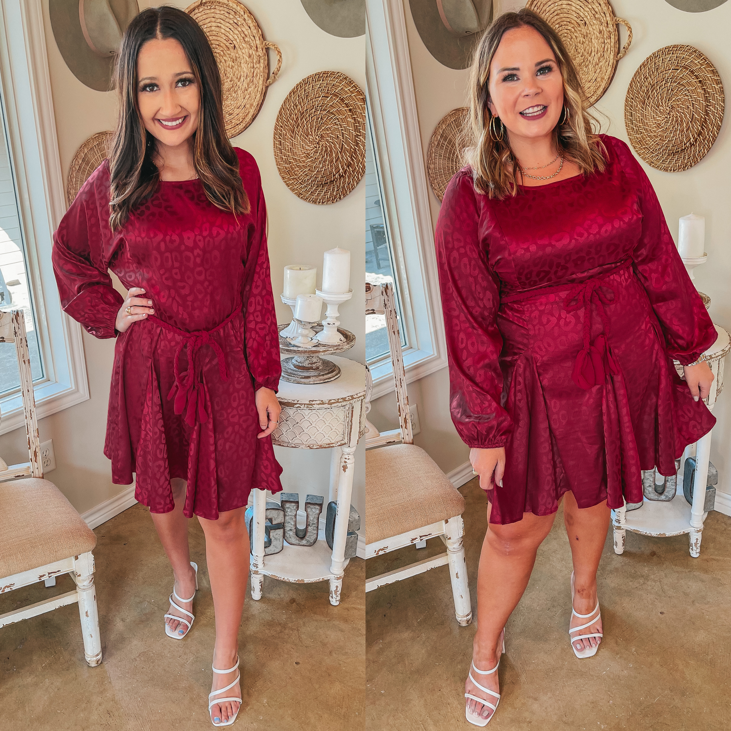 Dream Worthy Leopard Long Sleeve Satin Dress with Braided Belt in  Berry Red - Giddy Up Glamour Boutique