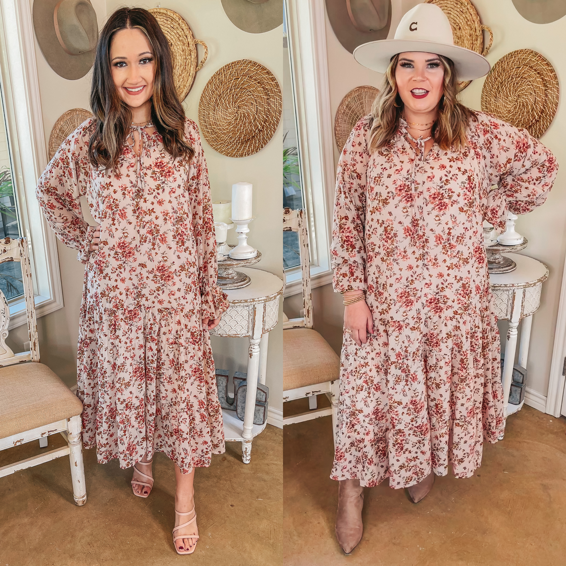 Tuscan Nights Long Sleeve High Neck Floral Midi Dress in Ivory - Giddy Up Glamour Boutique