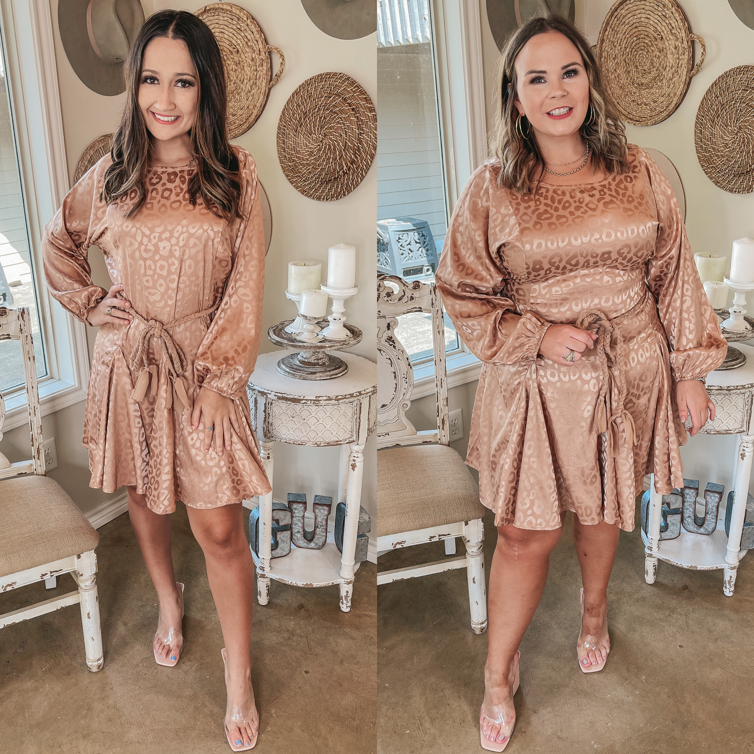 Dream Worthy Leopard Long Sleeve Satin Dress with Braided Belt in Copper - Giddy Up Glamour Boutique