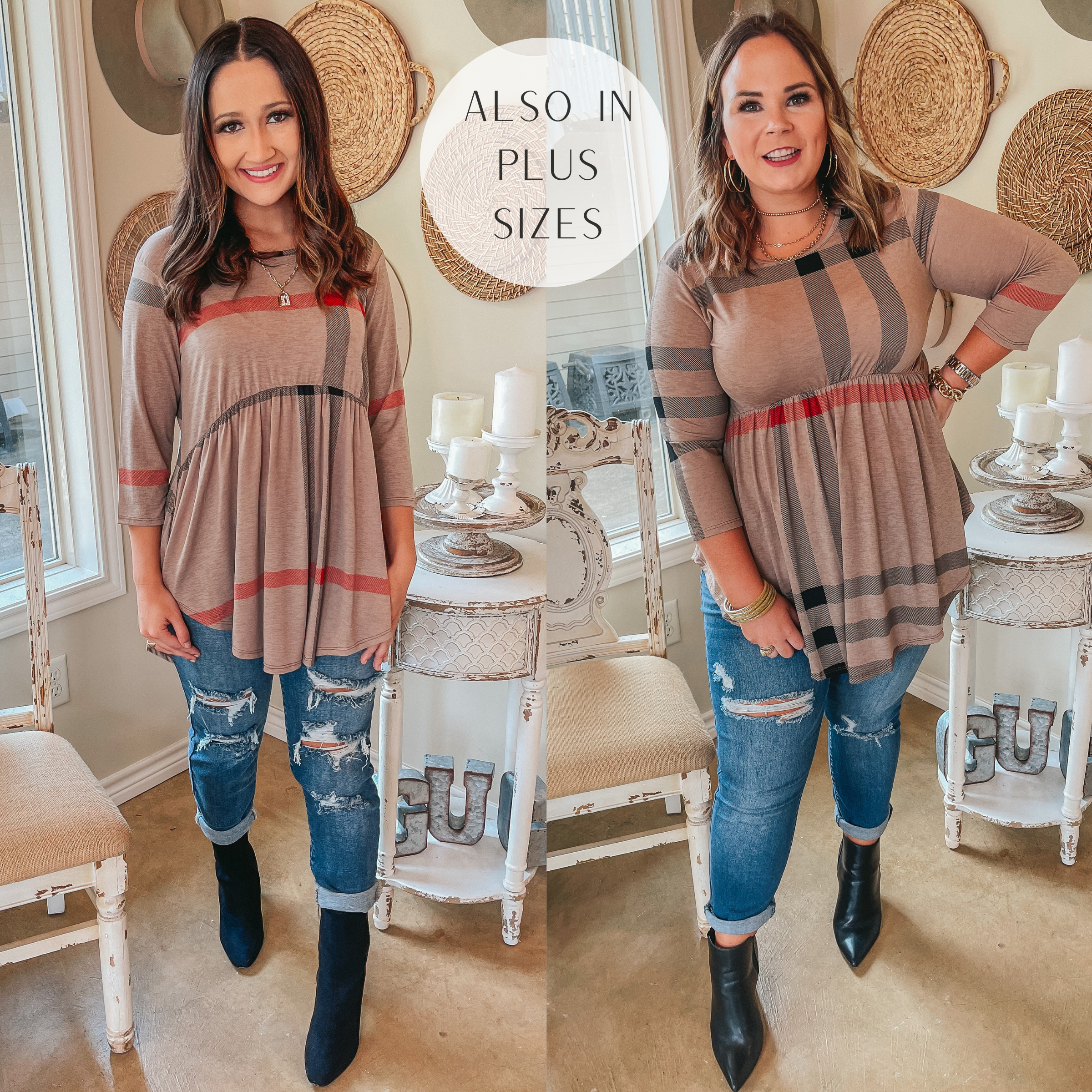 As You Wish Plaid Baby Doll Top in Taupe - Giddy Up Glamour Boutique