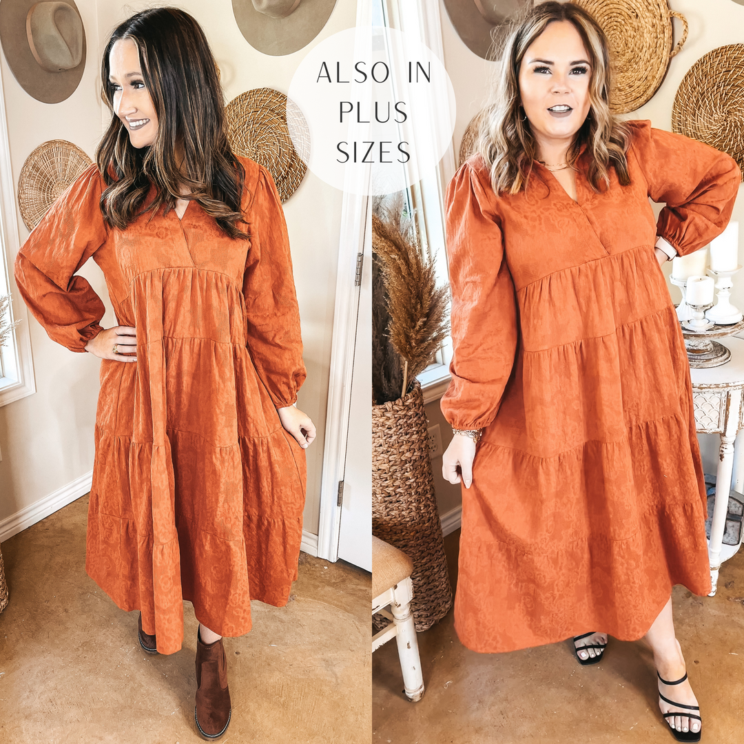 rust orange midi dress ADIRA LACE BURNT ORANGE TIERED RUFFLE MIDI DRESS MilaGrace Boutique