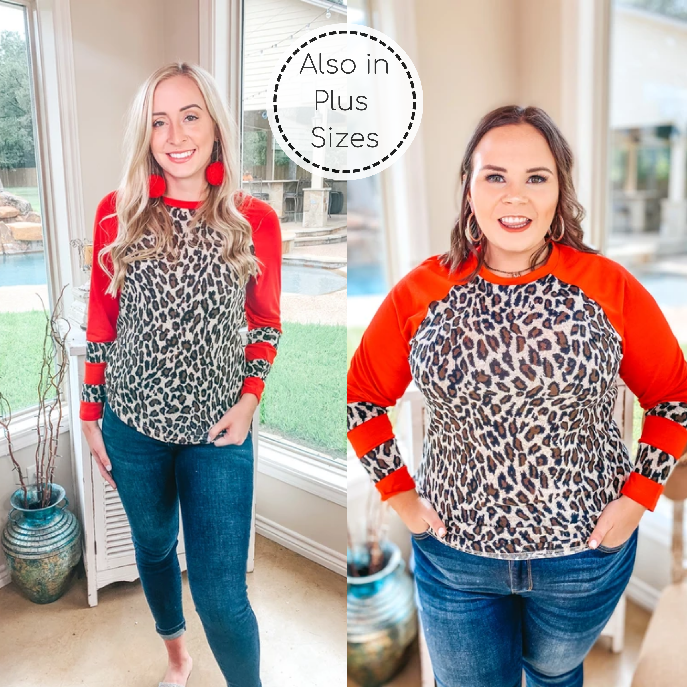 Earning Your Spots Leopard Long Sleeve Top with Color Block Sleeves in Red - Giddy Up Glamour Boutique