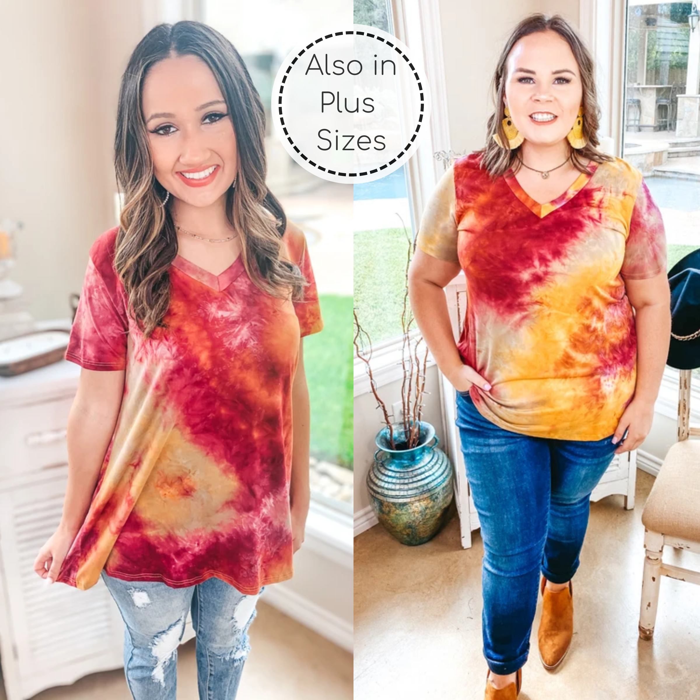 Last Chance Size Small & Med. | Keep Things Simple Tie Dye V Neck Tee in Maroon and Mustard - Giddy Up Glamour Boutique