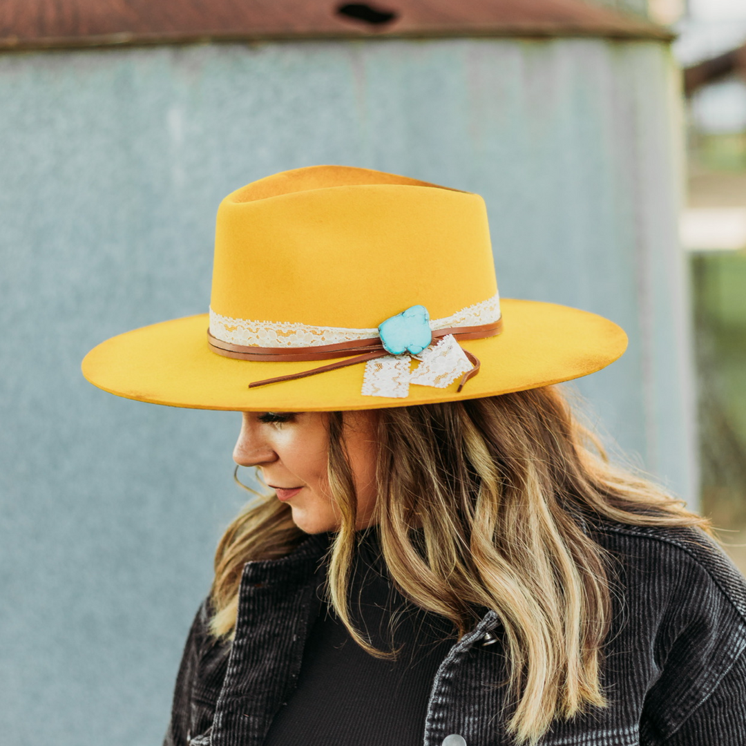 Charlie 1 Horse | Smoke Show Wool Felt Hat with Lace and Leather Band and Turquoise Slab - Giddy Up Glamour Boutique